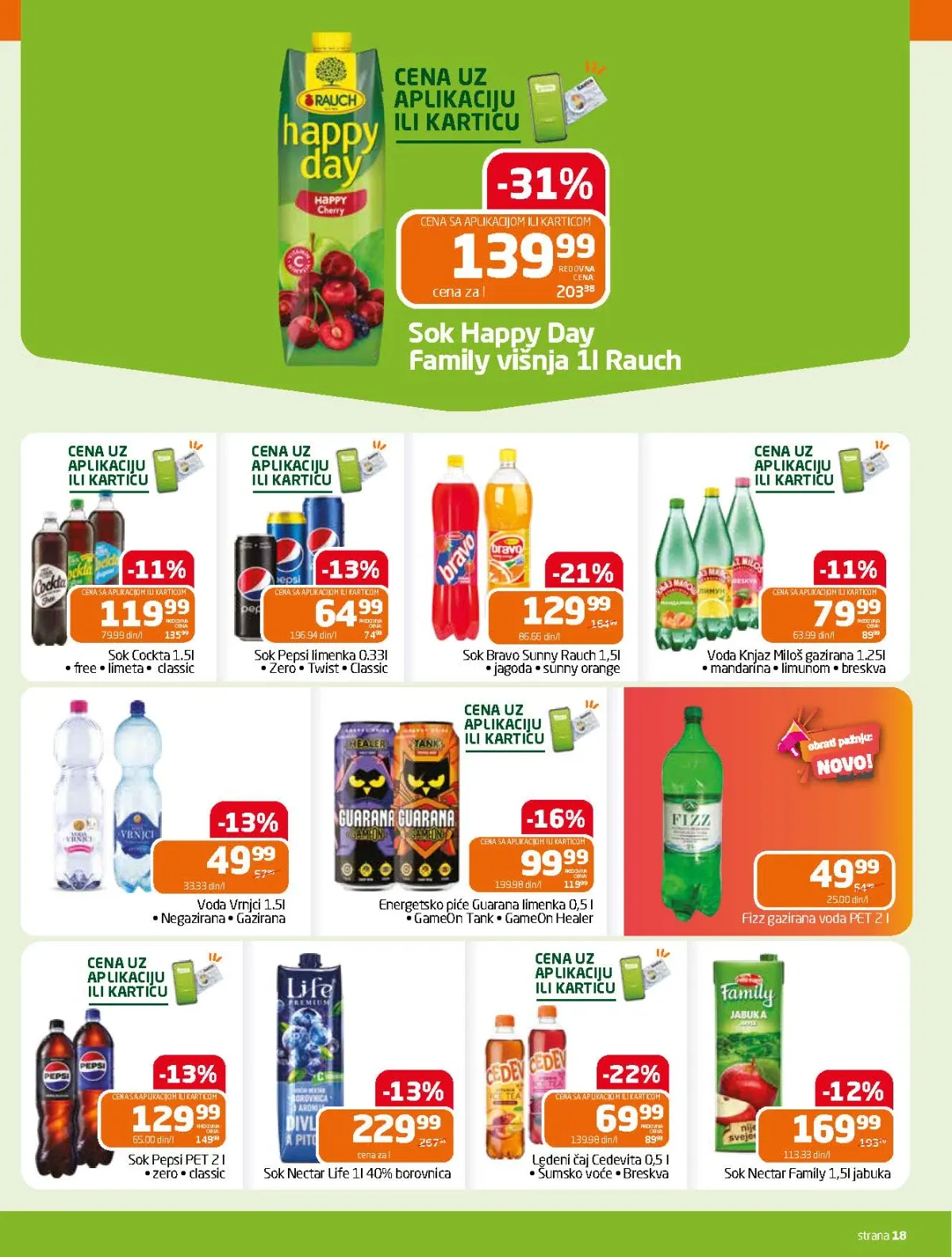GOMEX katalog do 18.08.2026. strana 18 donosi akcije na Pepsi, Guaranu, Rauch, Cocktu, Knjaz Miloš i Cedevitu