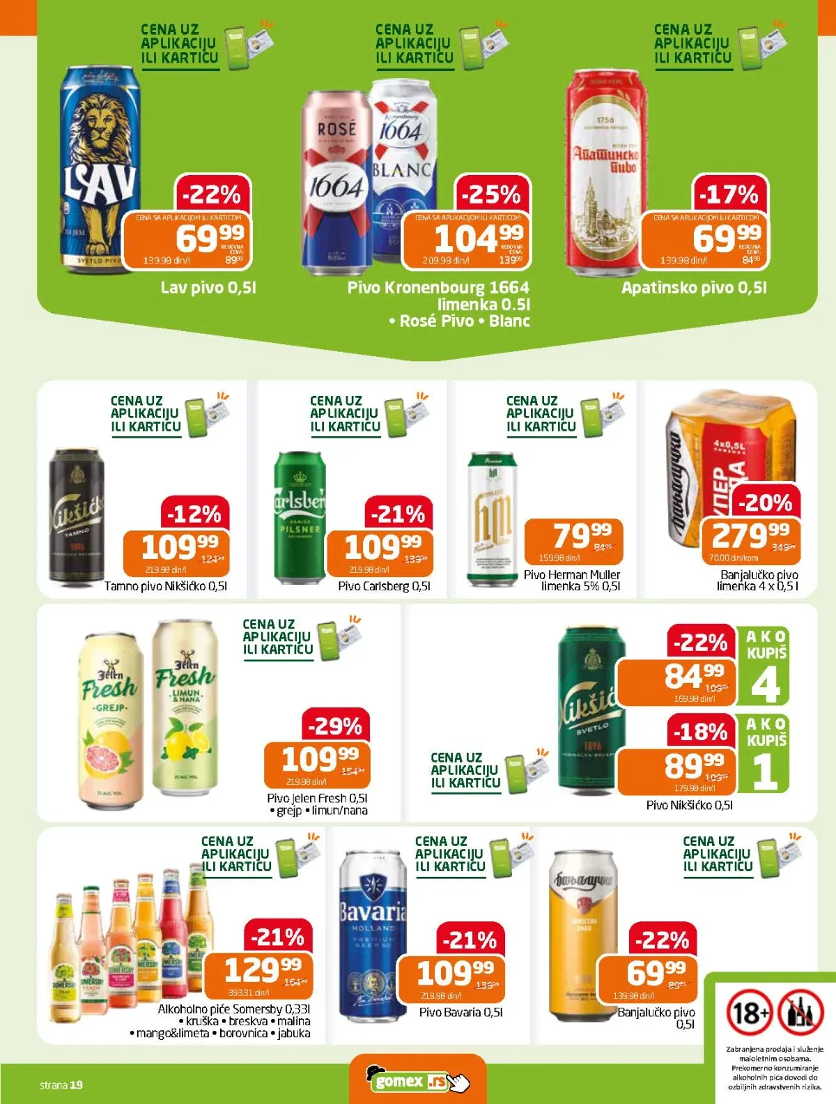 GOMEX katalog do 18.08.2026. strana 19 donosi akcije na Carlsberg, Bavaria, Lav, Nikšićko, Kronenbourg i Somersby
