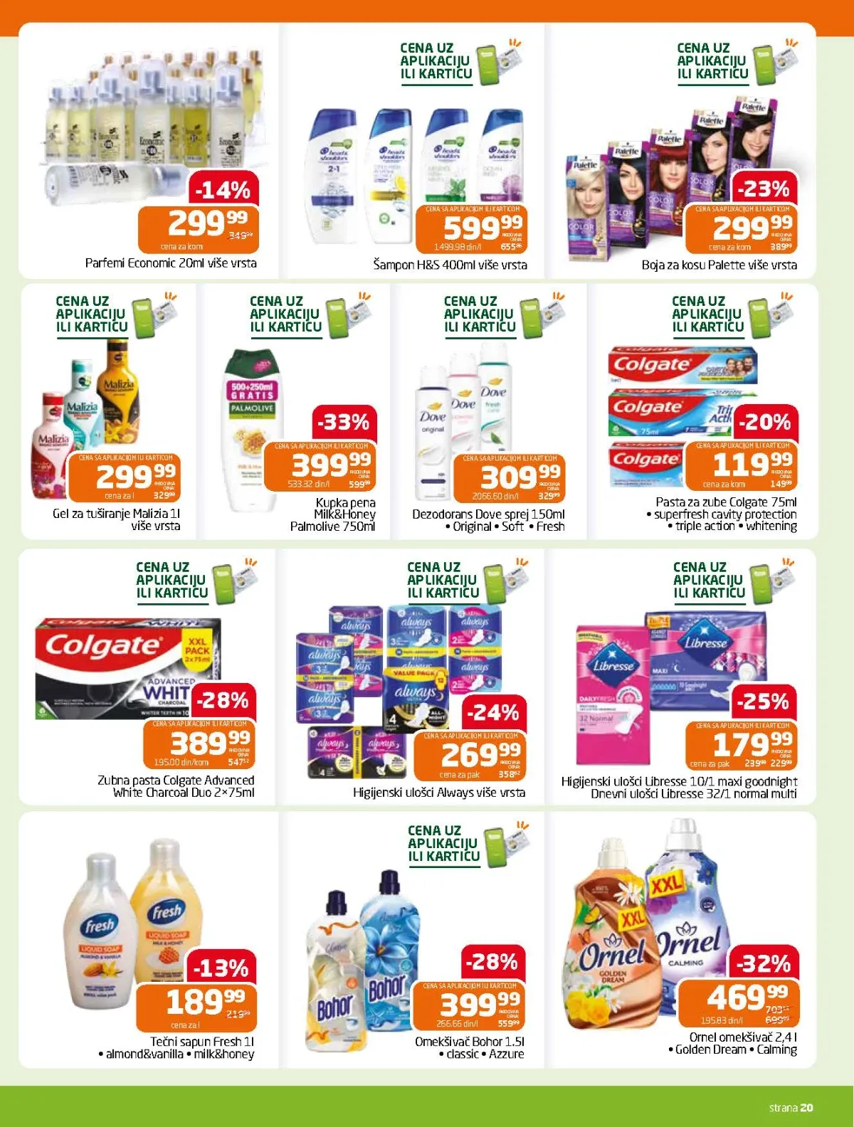 GOMEX katalog do 18.08.2026. strana 20 donosi akcije na Palmolive, Colgate, Ornel, Dove, Palette i Bohor