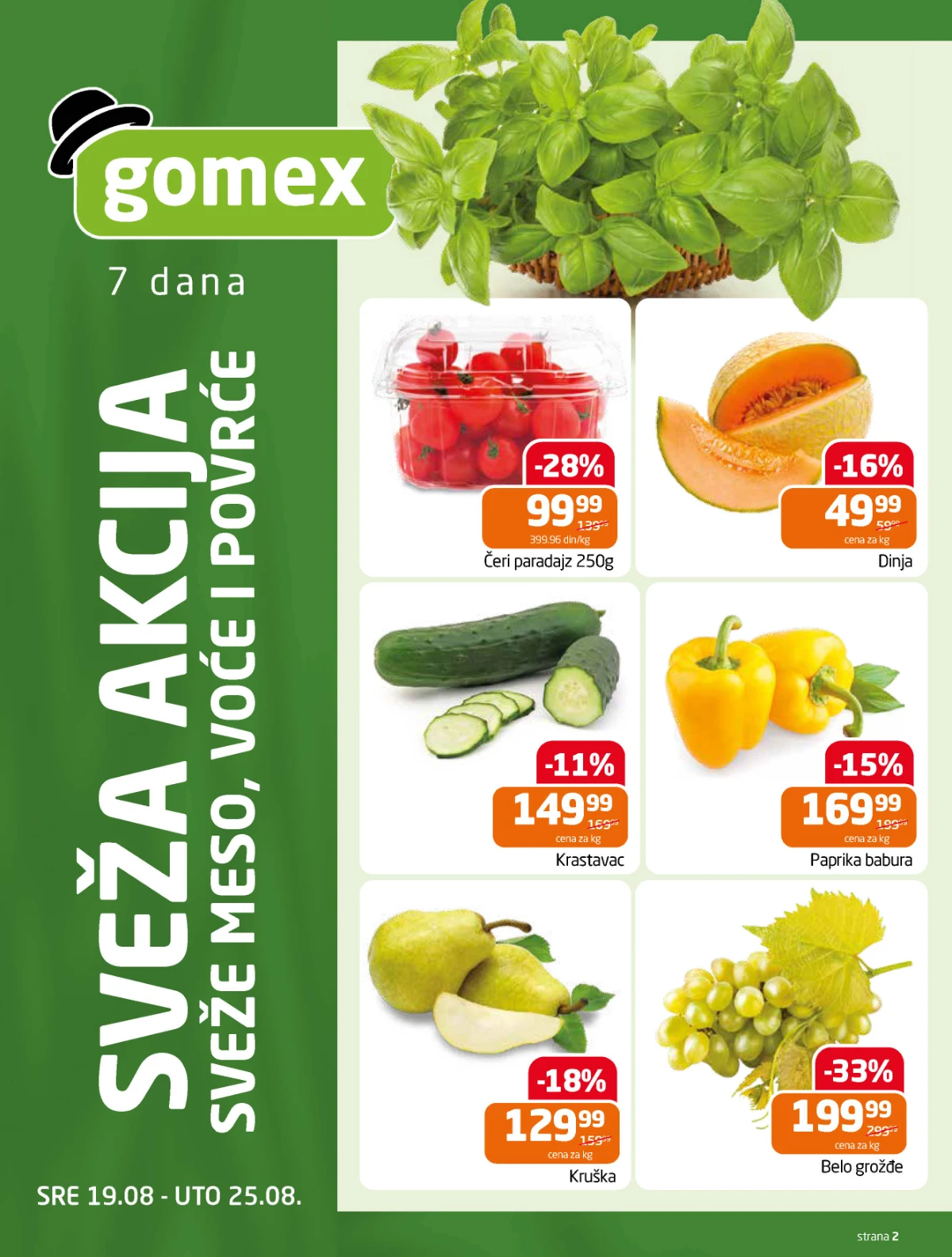 Gomex katalog strana 2 – belo grožđe, kruške, dinje, čeri paradajz, paprika i krastavac na akciji