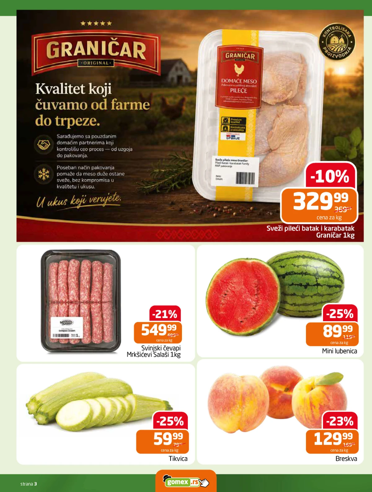 Gomex katalog strana 3 – pileći batak i karabatak, ćevapi, mini lubenica, tikvice i breskve