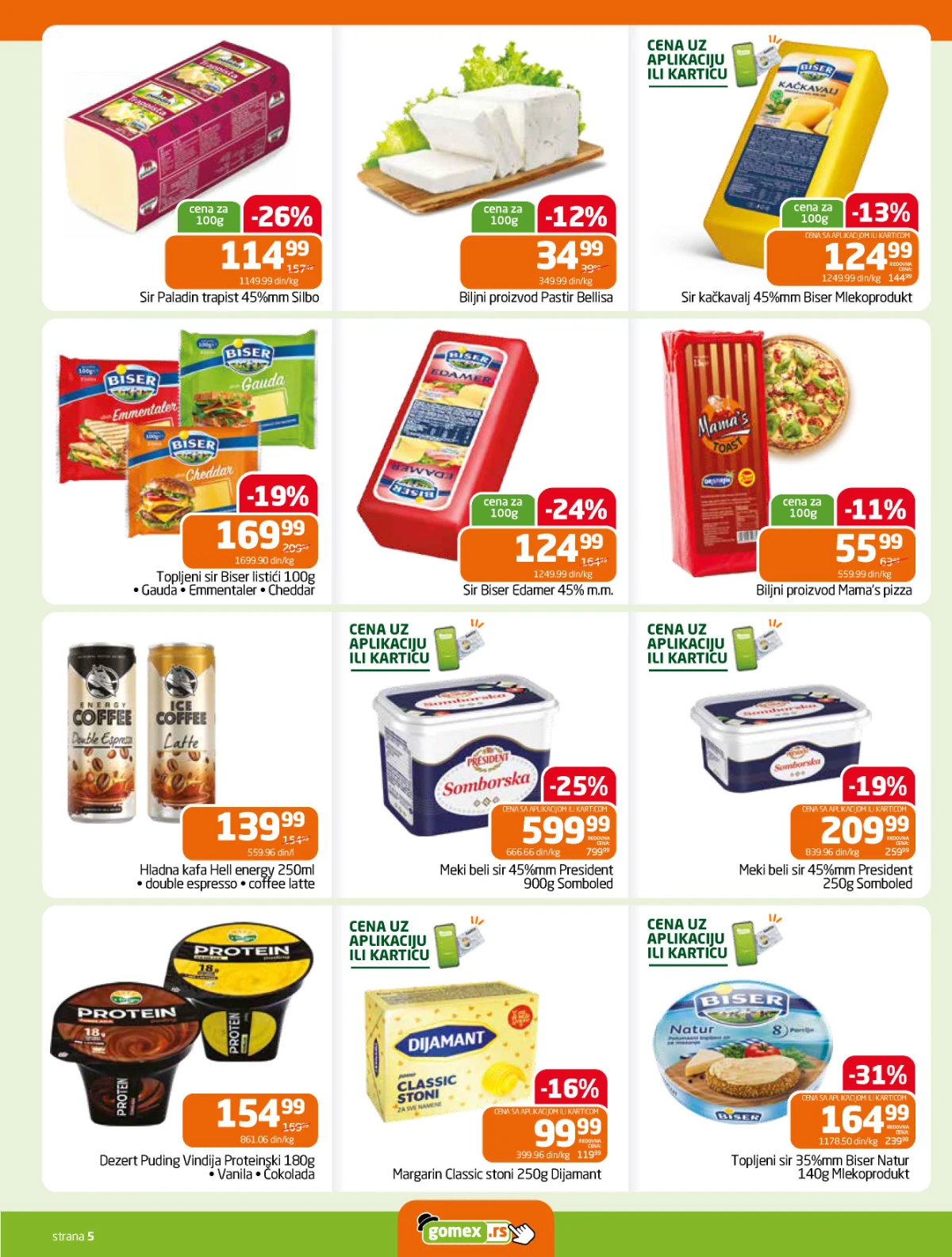 Gomex katalog strana 5 – sirevi, margarin, proteinski puding i hladna kafa po akcijskim cenama