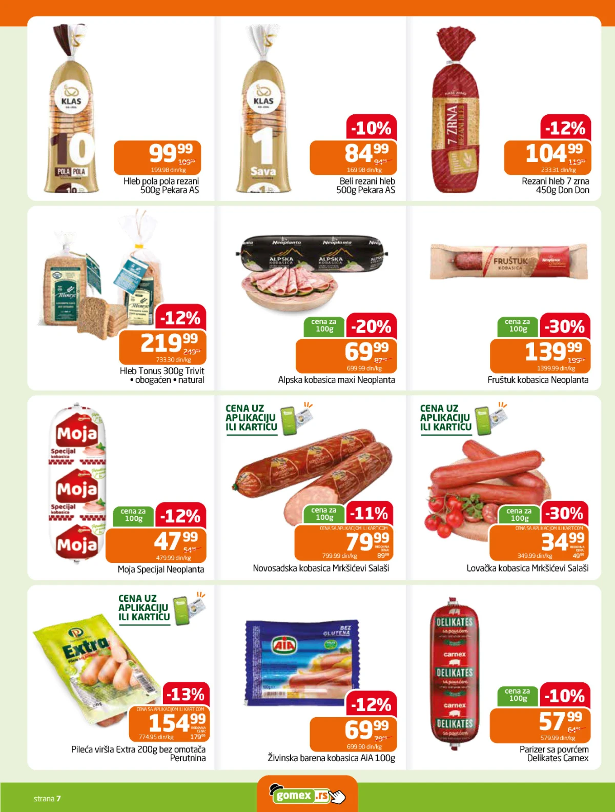 Gomex katalog strana 7 – hleb, kobasice, viršle i parizer na akciji