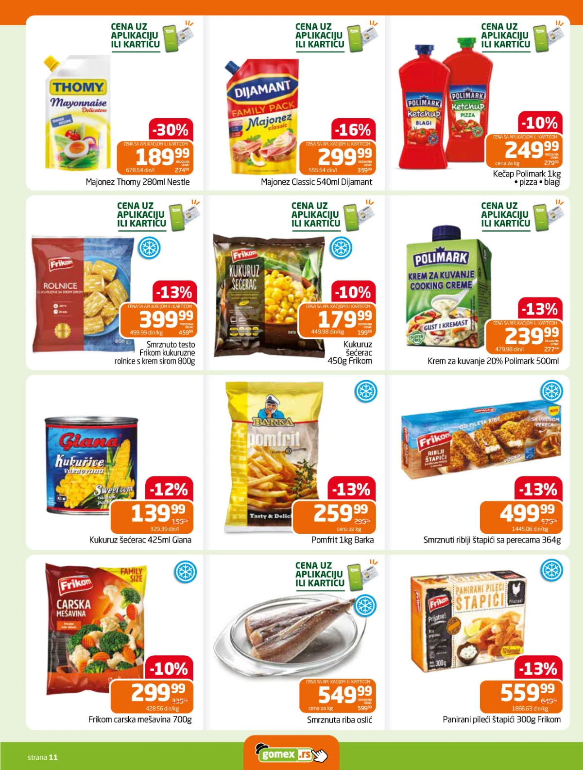 Gomex katalog strana 11 – majonez, kečap, smrznuta riba, povrće i gotovi proizvodi