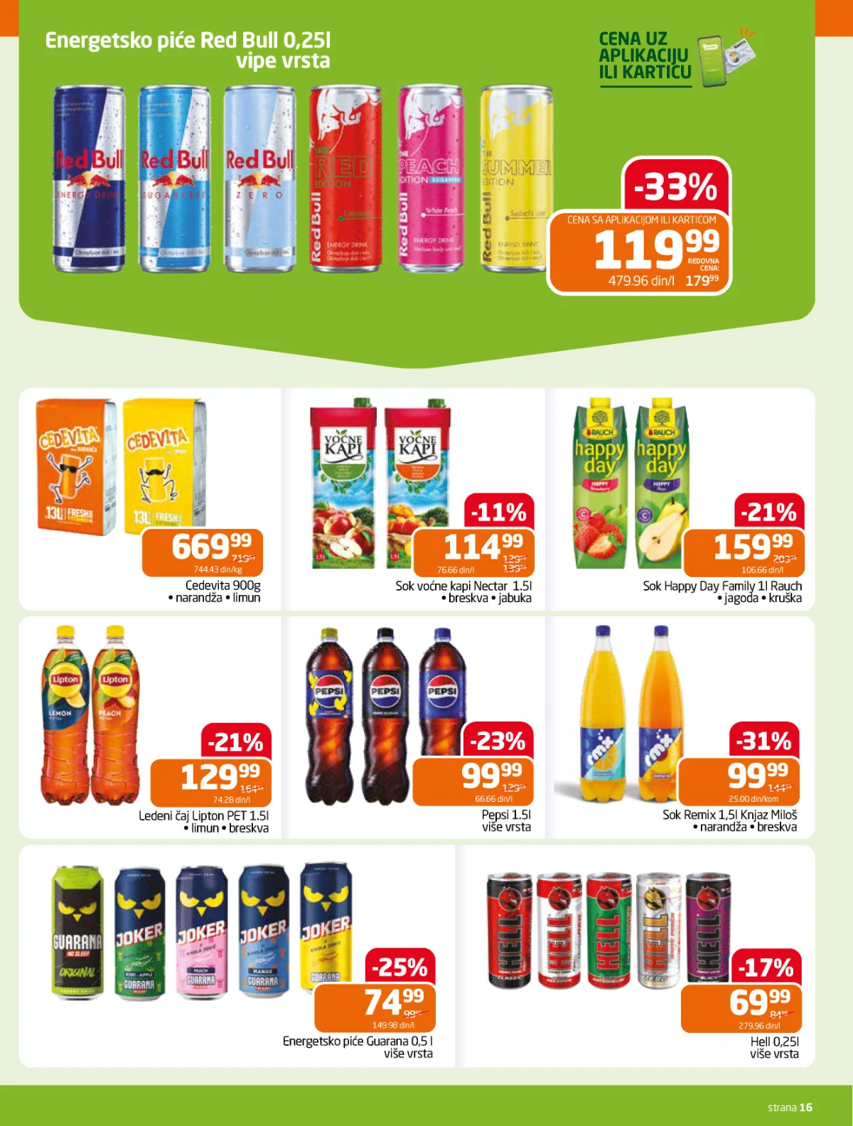 Gomex katalog strana 16 – sokovi, energetska pića, ledeni čaj i Pepsi na akciji