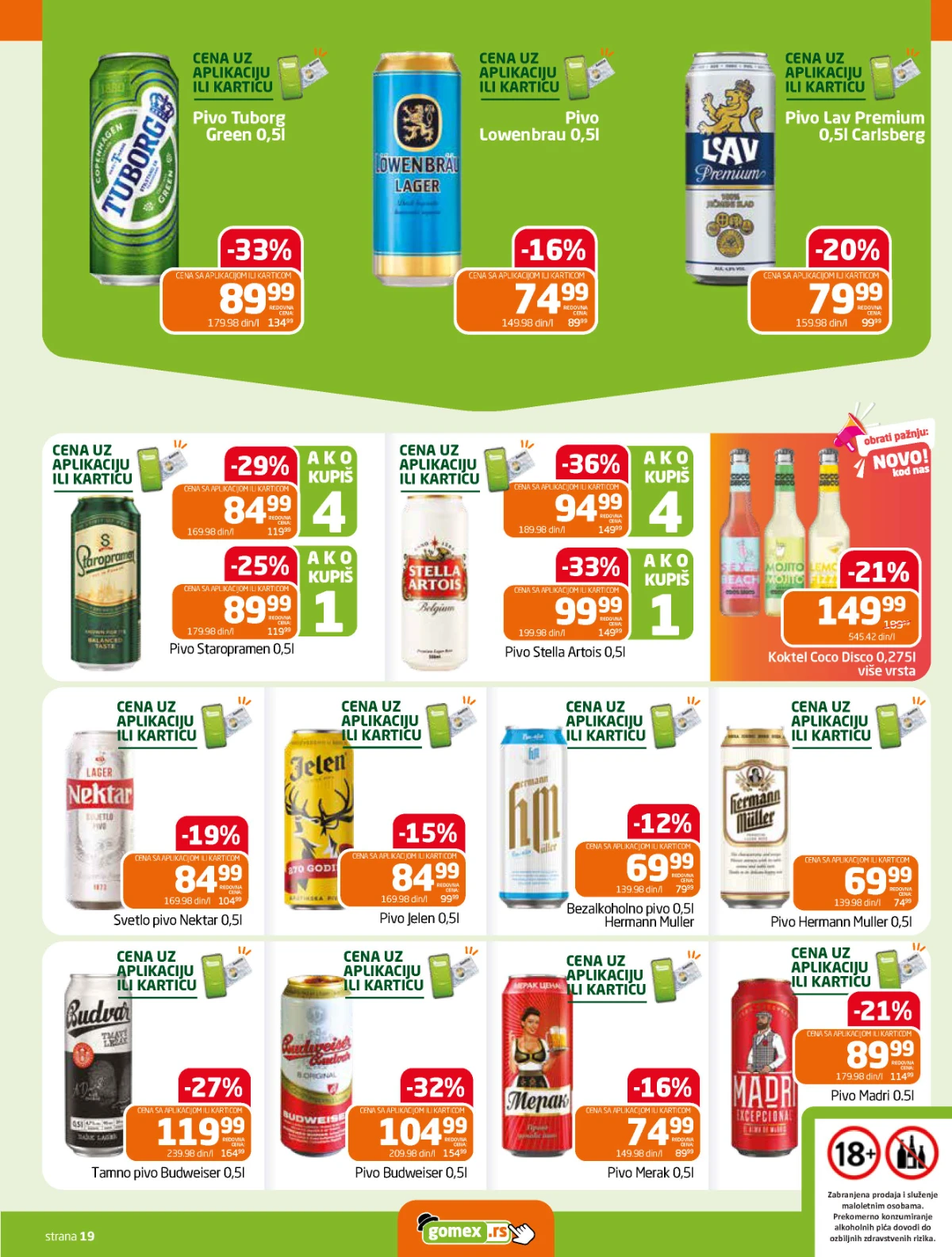 Gomex katalog strana 19 – pivo Staropramen, Stella Artois, Budweiser, Jelen i druga pića na akciji