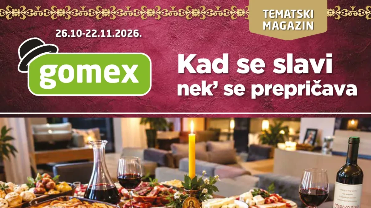 Gomex slavski katalog 26.10–22.11.2026. – Grand kafa Aroma 200 g za 399,99 dinara, Zaječarsko pivo 0,5 l za 74,99 dinara i dimljena pileća prsa za 99,99 dinara po 100 g