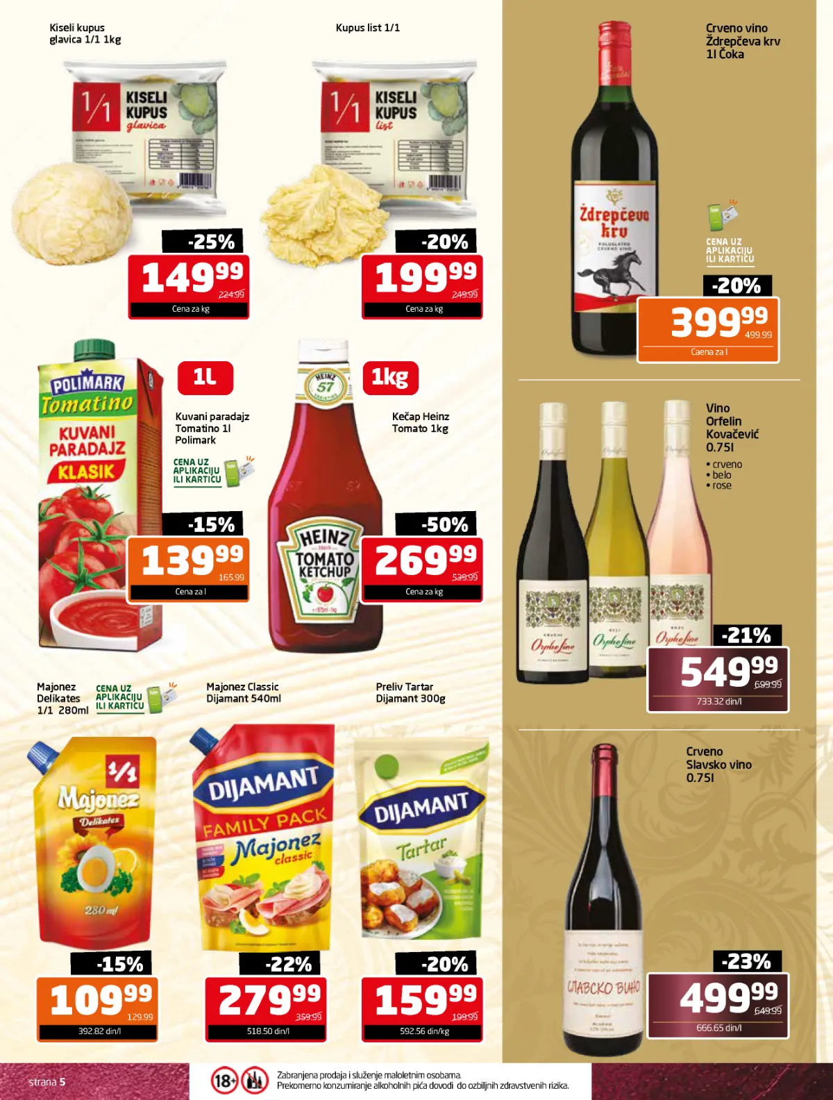 Gomex slavski katalog strana 5 – kiseli kupus, kuvani paradajz, Heinz kečap na popustu 50% i Dijamant majonez