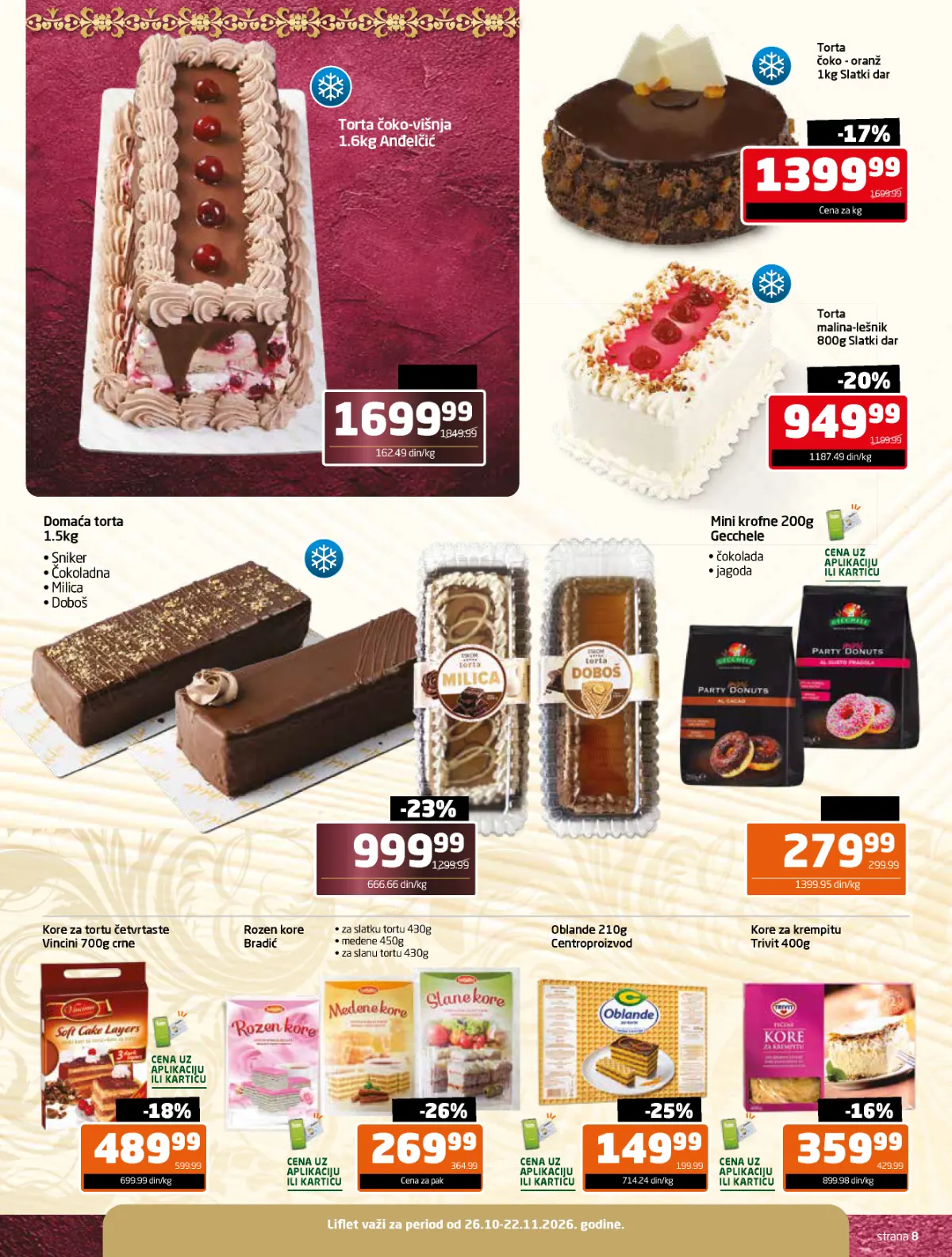 Gomex slavski katalog strana 8 – domaće torte, čokoladne torte, rozen kore, oblande i mini krofne