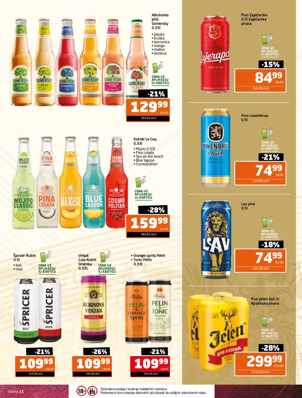 Gomex slavski katalog strana 11 – Zaječarsko, Lav, Jelen i Lowenbrau pivo, Somersby i Le Coq kokteli