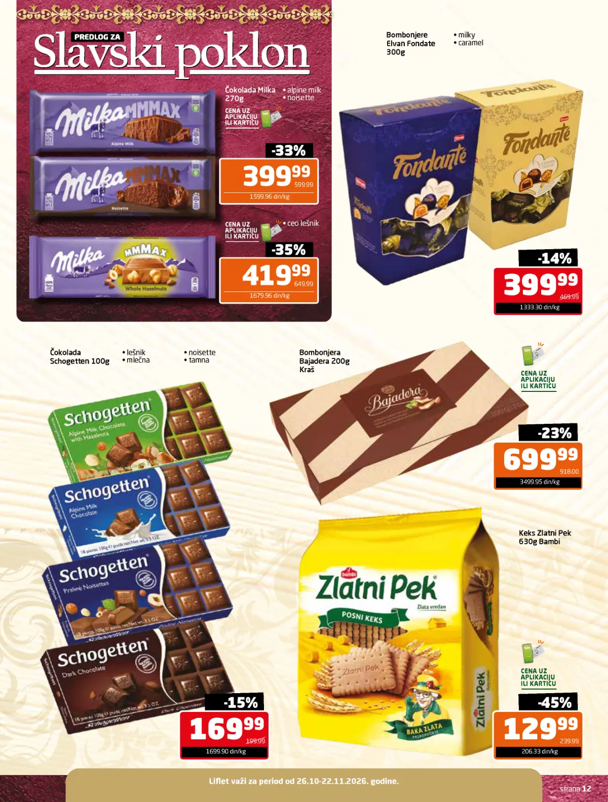 Gomex slavski katalog strana 12 – Milka, Schogetten, Bajadera, Elvan bombonjere i Zlatni Pek sa popustom 45%