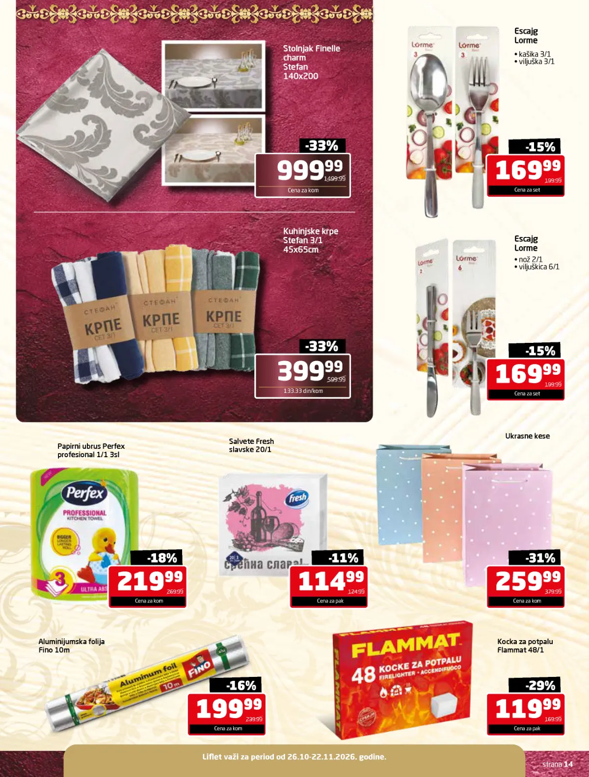Gomex slavski katalog strana 14 – stolnjaci, kuhinjske krpe, escajg Lorme, slavske salvete i aluminijumska folija