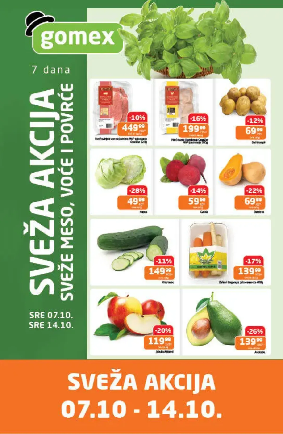 GOMEX Sveža akcija od 07. do 14.10.2026. – meso, krompir, kupus, cvekla, bundeva, krastavac, jabuke i avokado po sniženim cenama