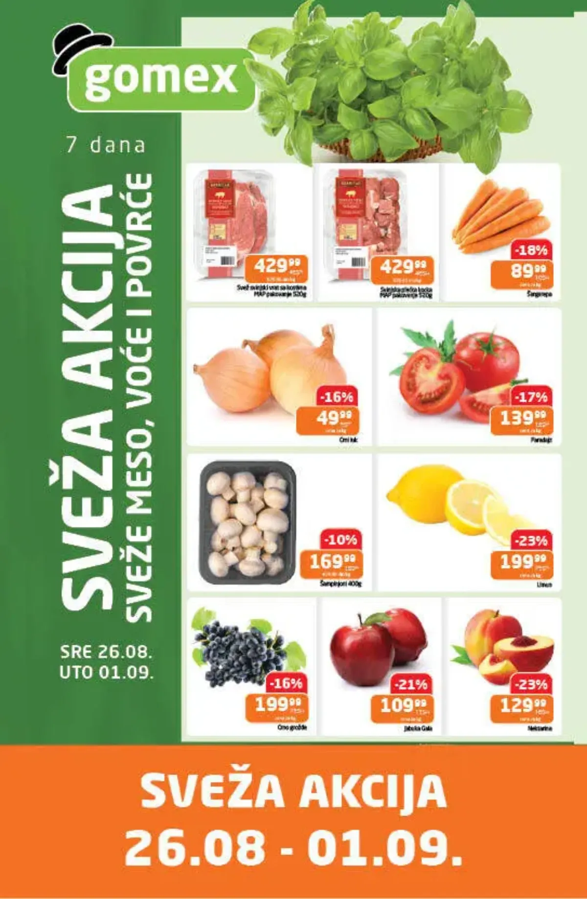 Gomex Sveža akcija od 26.08. do 01.09.2026. – meso, šargarepa, crni luk, paradajz, šampinjoni, limun, grožđe, jabuke i nektarine na sniženju