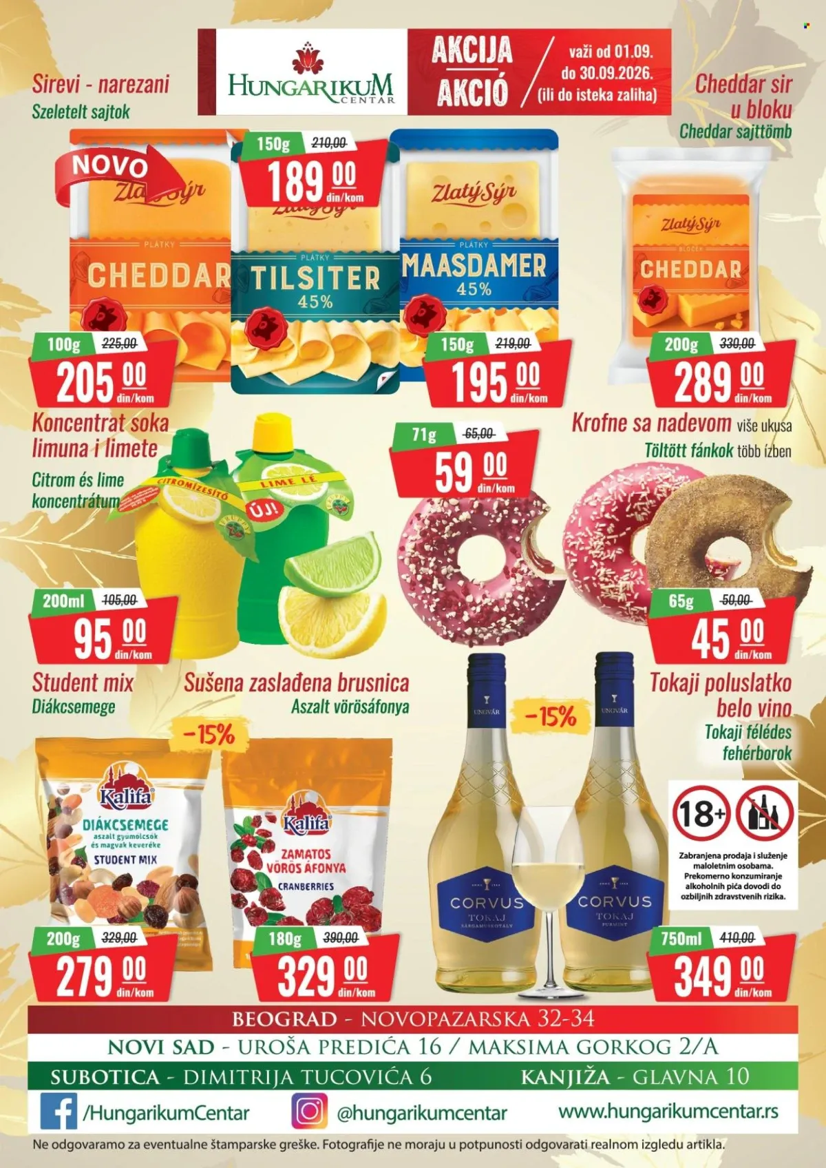 Hungarikum Centar akcija od 01.09. do 30.09.2026. – sirevi, krofne, orašasti plodovi, sušena brusnica, vino i koncentrat limuna i limete