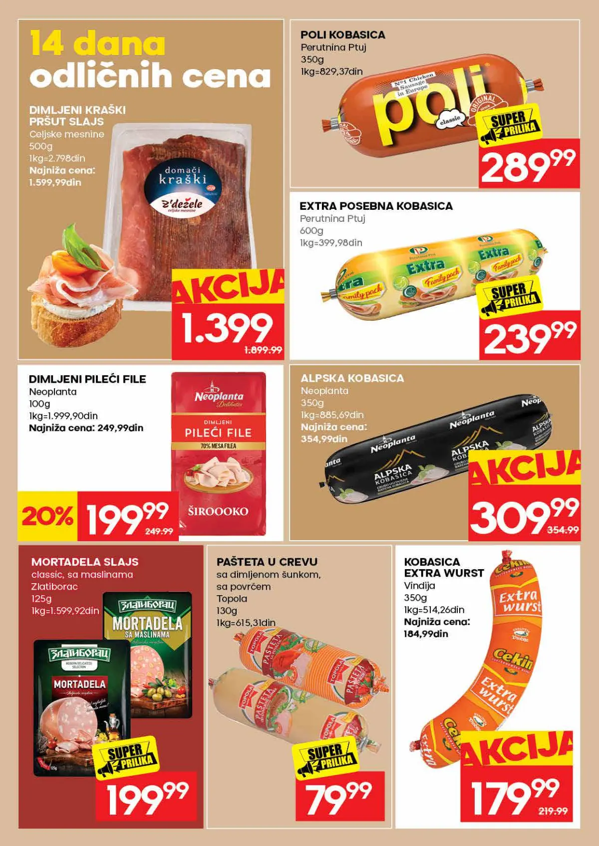 IDEA katalog, stranica 14 – Neoplanta dimljeni pileći file, Poli kobasica i Perutnina Ptuj Extra posebna kobasica