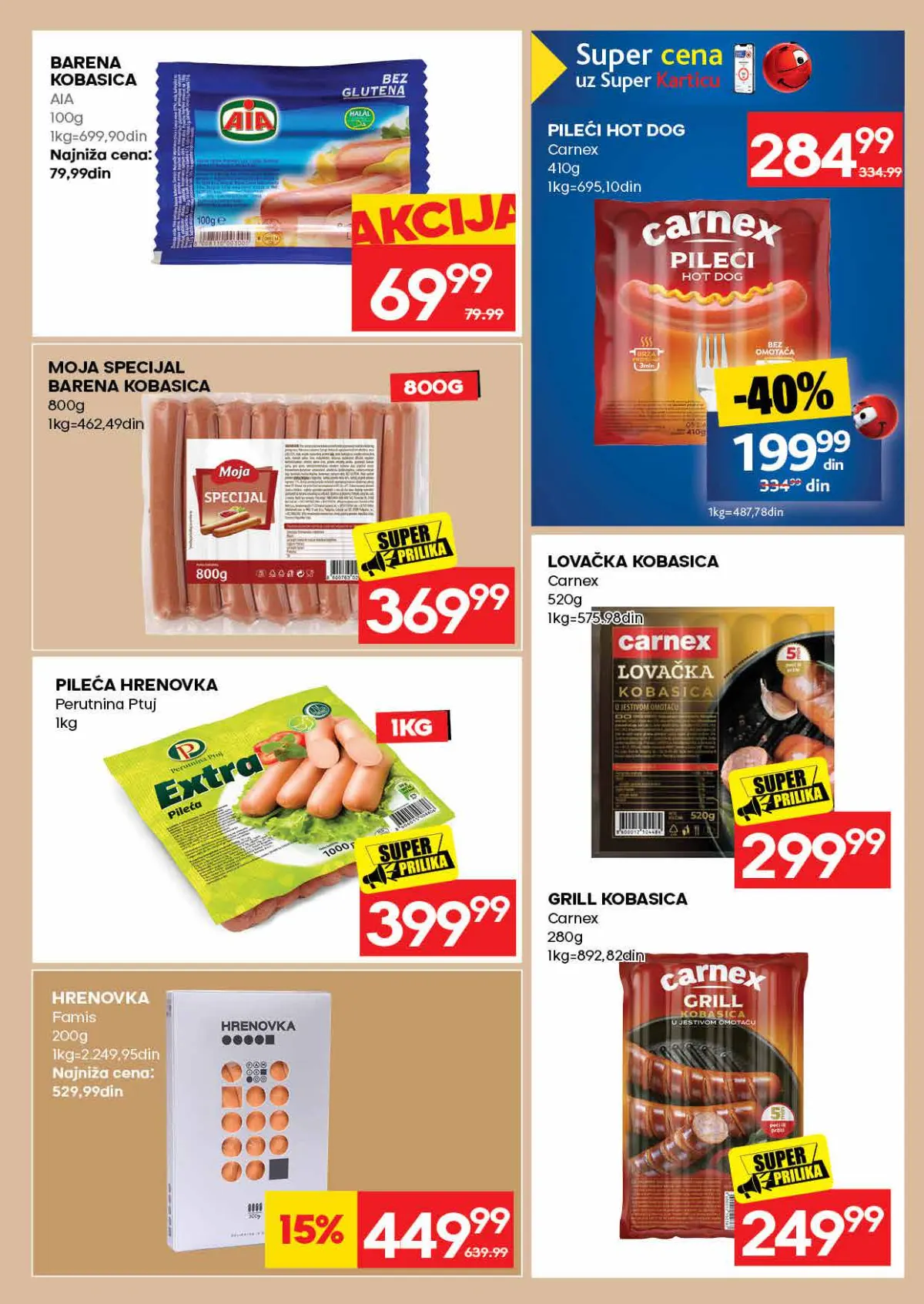 IDEA katalog, stranica 15 – AIA barena kobasica, pileće hrenovke i Carnex pileći hot dog