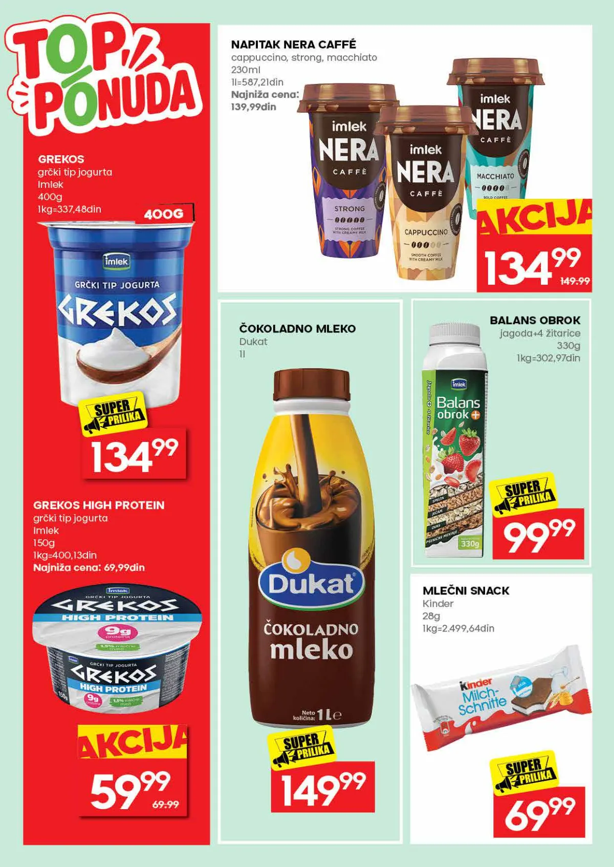IDEA katalog, stranica 20 – Grekos jogurt, Nera Caffe, Dukat čokoladno mleko i Kinder mlečni snack
