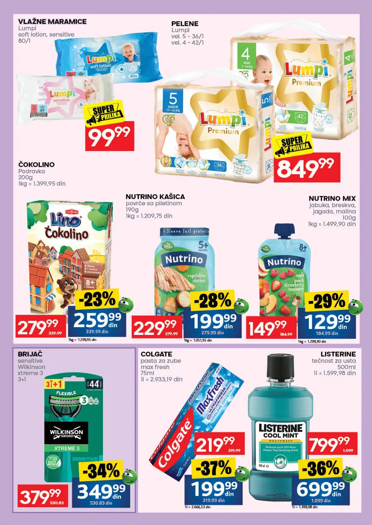 IDEA katalog, stranica 51 – Lumpi vlažne maramice i pelene, Nutrino, Wilkinson, Colgate i Listerine