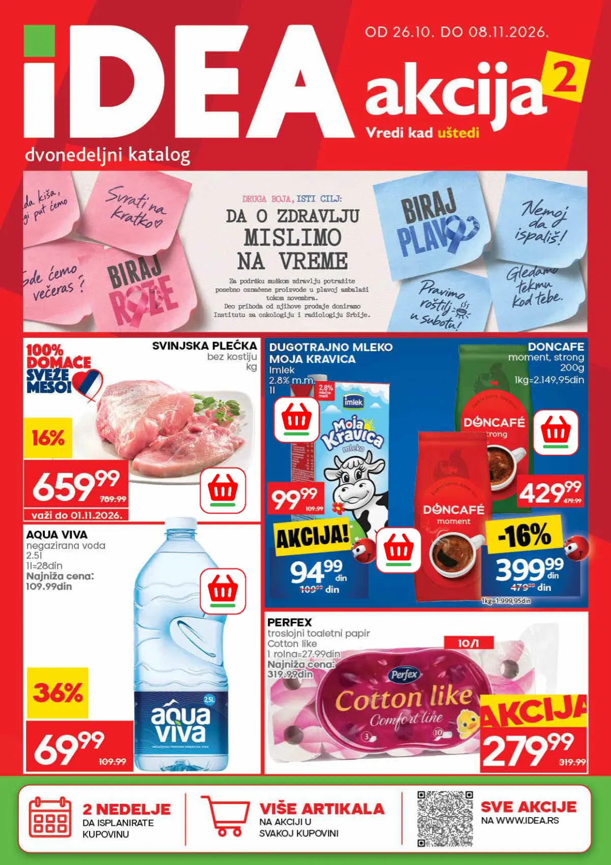 IDEA katalog od 26.10. do 08.11.2026. – svinjska plećka 659,99 din/kg, Moja Kravica mleko 99,99 din, Doncafe kafa i Perfex toalet papir
