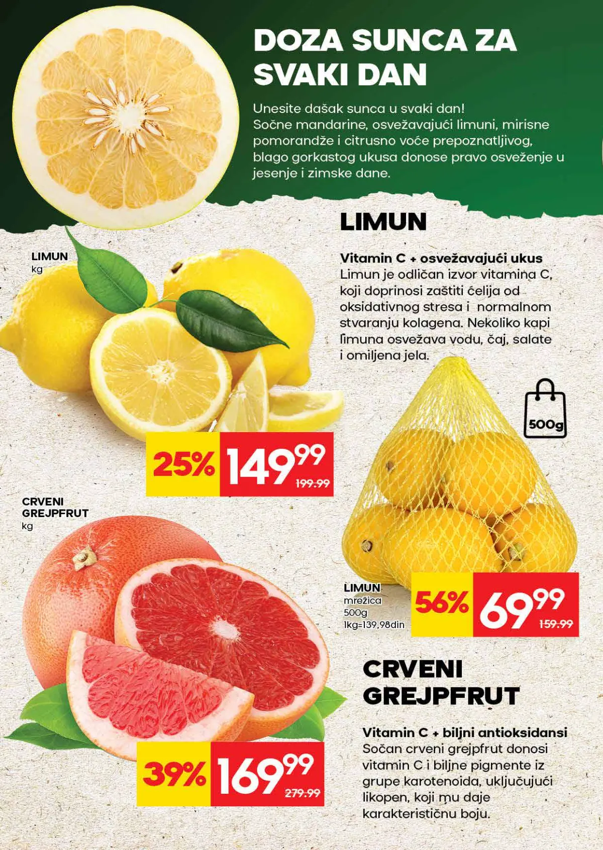 IDEA katalog strana 6 – limun u mrežici 500 g za 69,99 din uz popust 56%, limun i grejpfrut