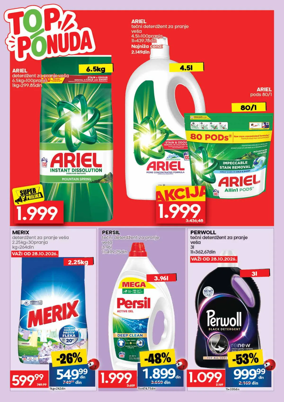 IDEA katalog strana 52 – Perwoll deterdžent 999,99 din uz Super Karticu, popust 53%, Ariel i Persil