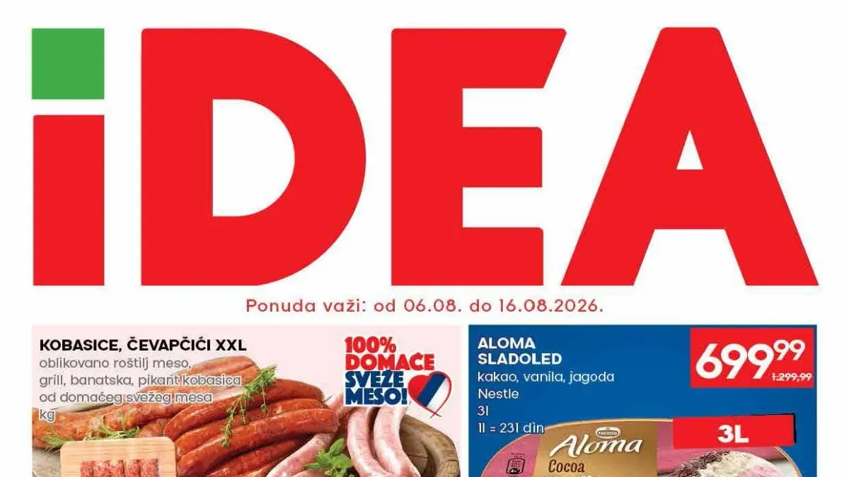 IDEA katalog do 16.08.2026. donosi popuste do 61% na domaće meso, voće, povrće, kafu, suhomesnate proizvode, sladoled i brojne proizvode za svakodnevnu kupovinu.
