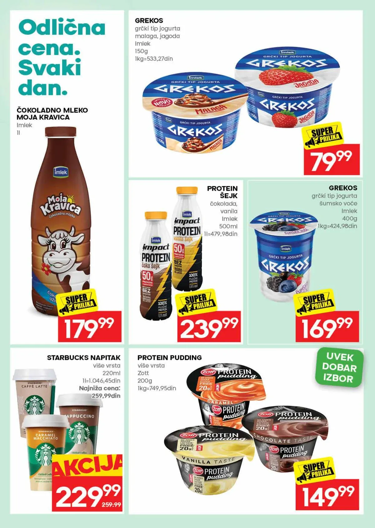 IDEA katalog strana 16 – čokoladno mleko, Grekos jogurt, proteinski šejk, proteinski puding i Starbucks napitak.