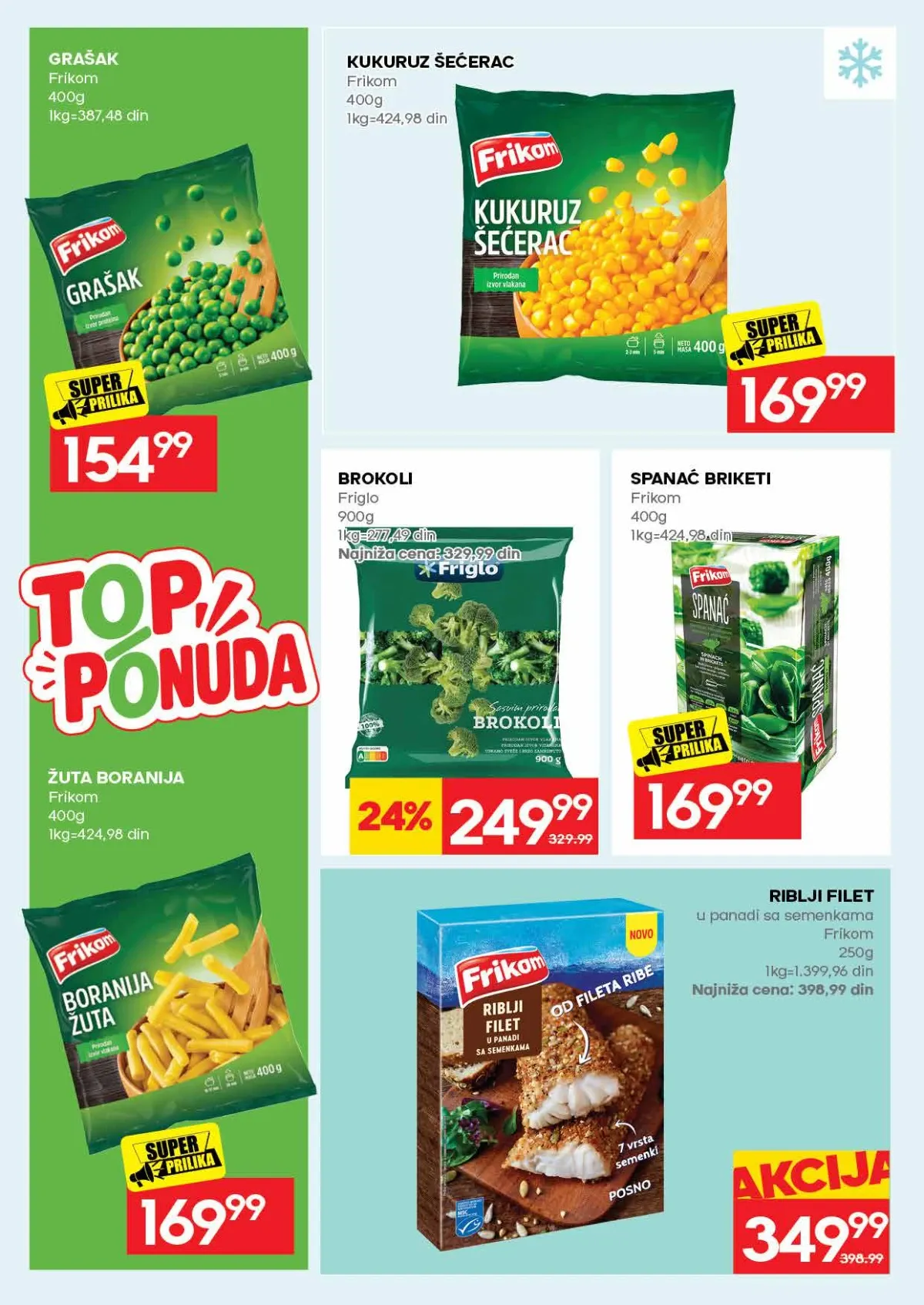 IDEA katalog strana 20 – grašak, kukuruz, boranija, brokoli, spanać i riblji file.