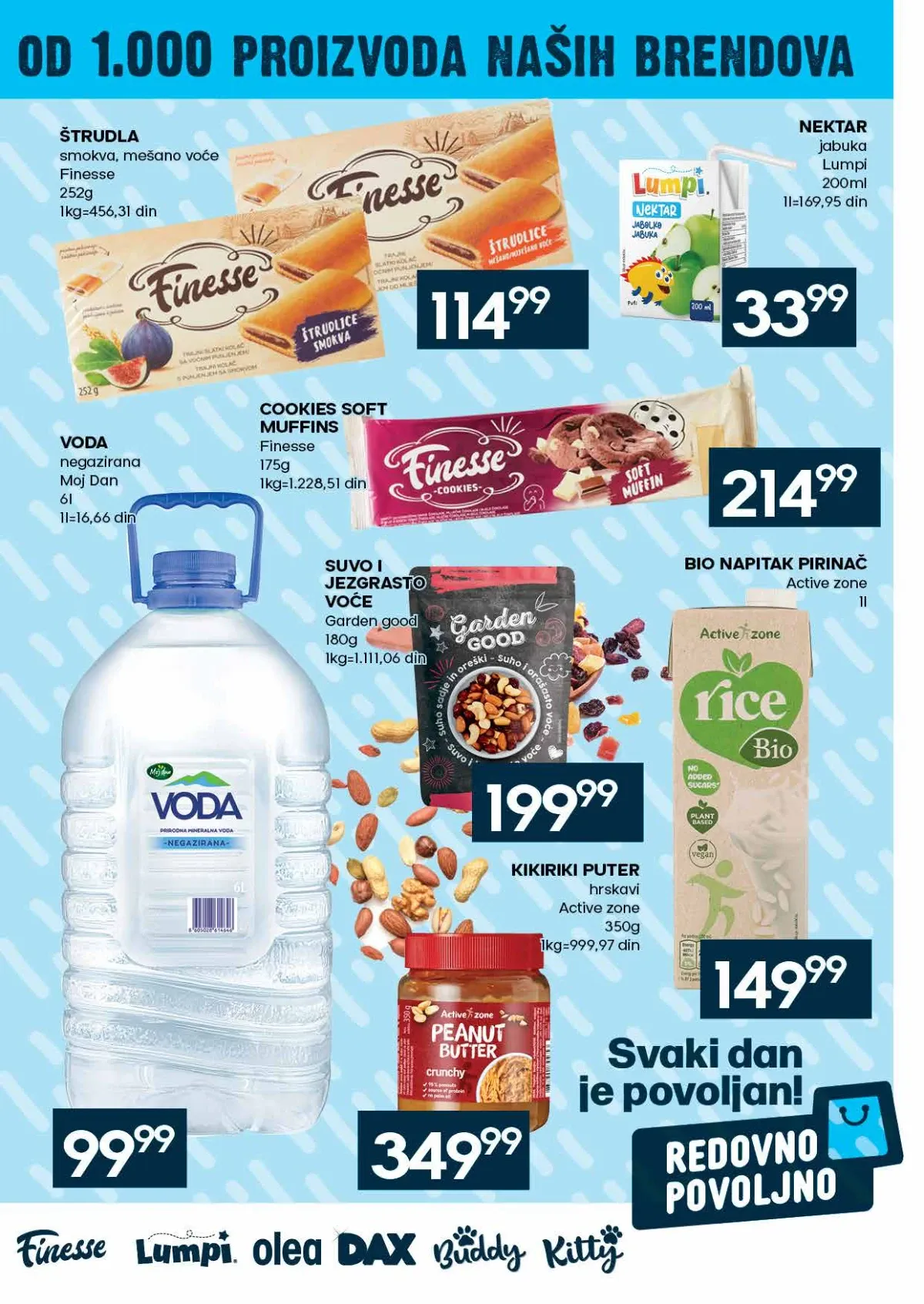 IDEA katalog strana 27 – voda, pirinač, suvo voće, kikiriki puter, štrudla i keks.