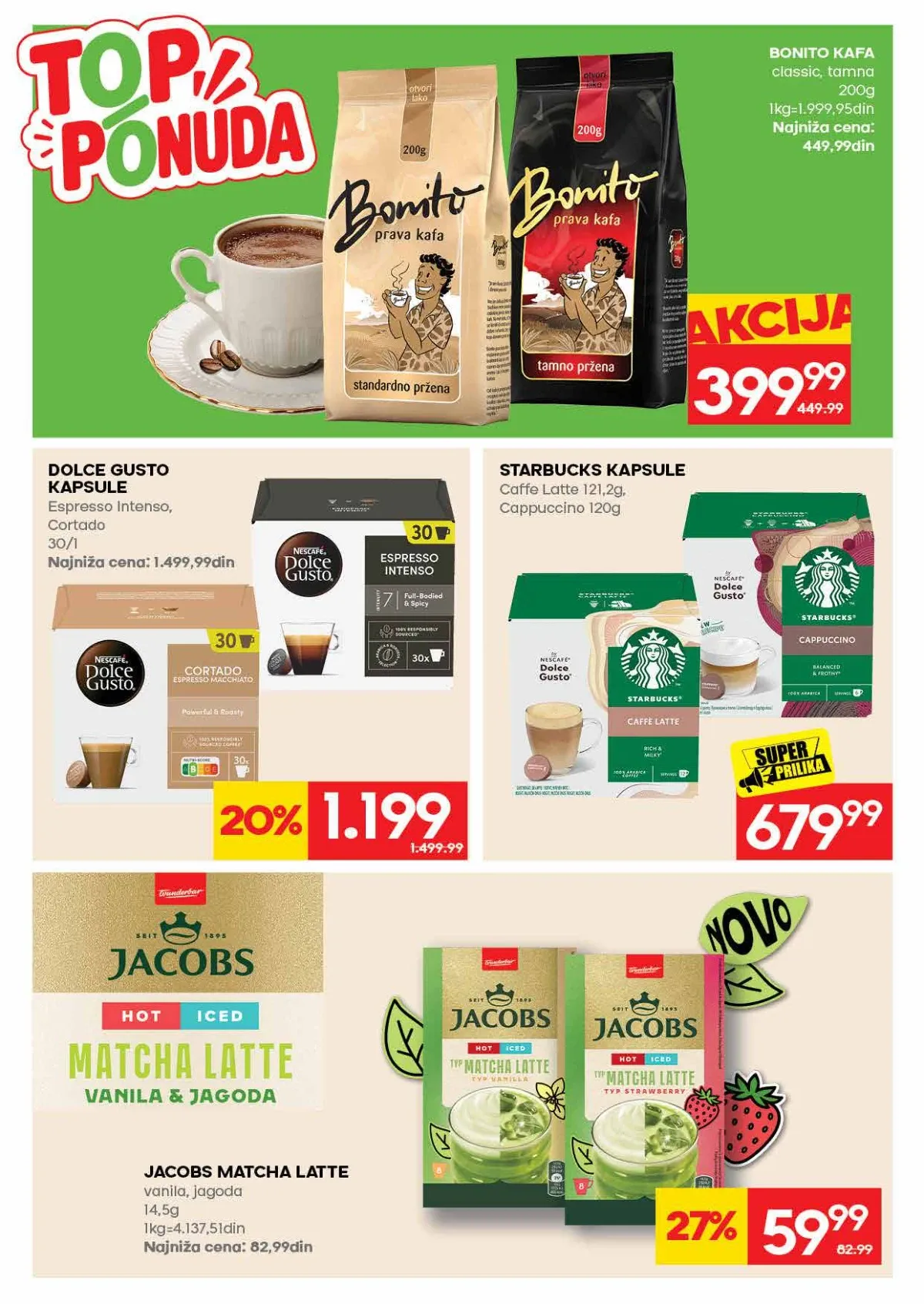 IDEA katalog strana 28 – Bonito kafa, Dolce Gusto kapsule, Starbucks kapsule i Jacobs Matcha Latte.