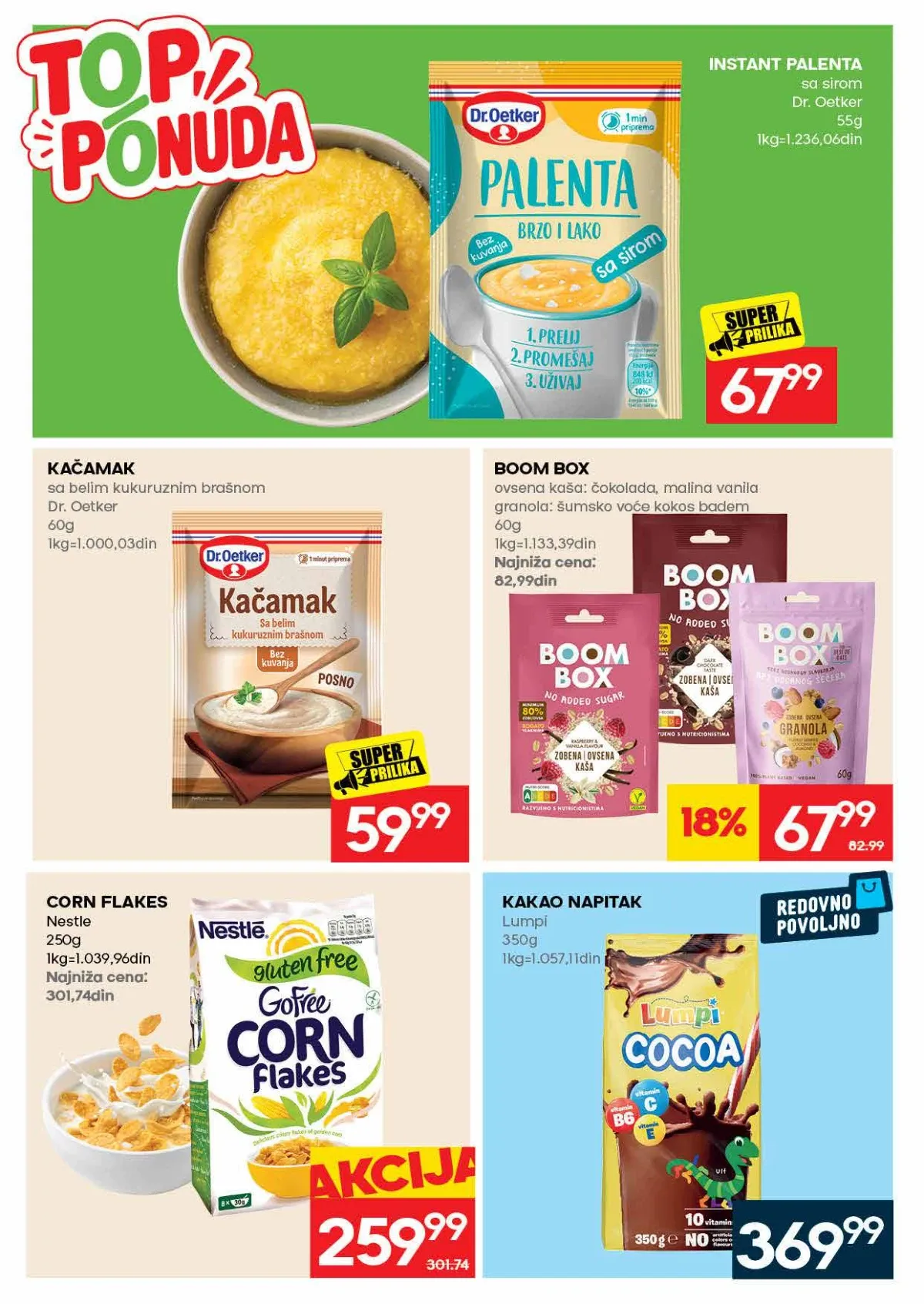 IDEA katalog strana 30 – instant palenta, kačamak, corn flakes, kakao napitak i Boom Box grickalice.