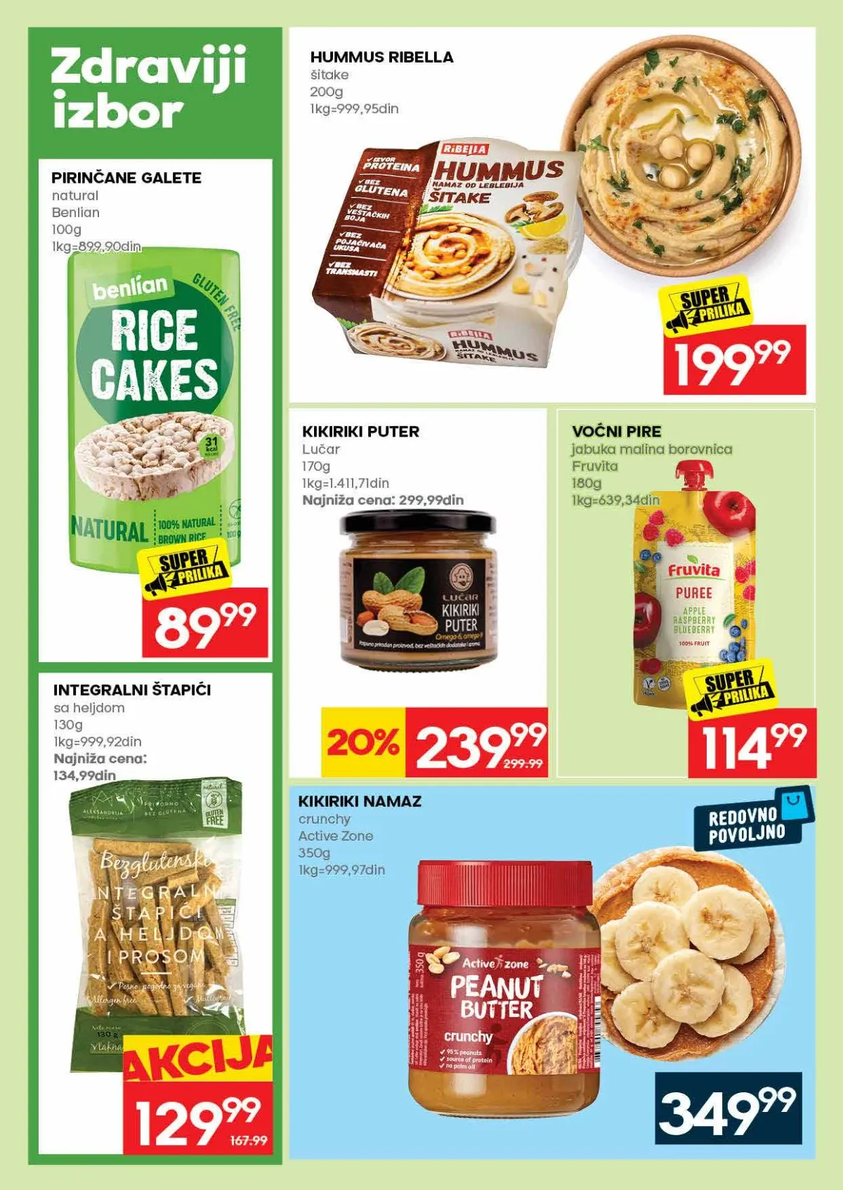 IDEA katalog strana 32 – humus, pirinčane galete, integralni štapići, kikiriki puter i voćni pire.