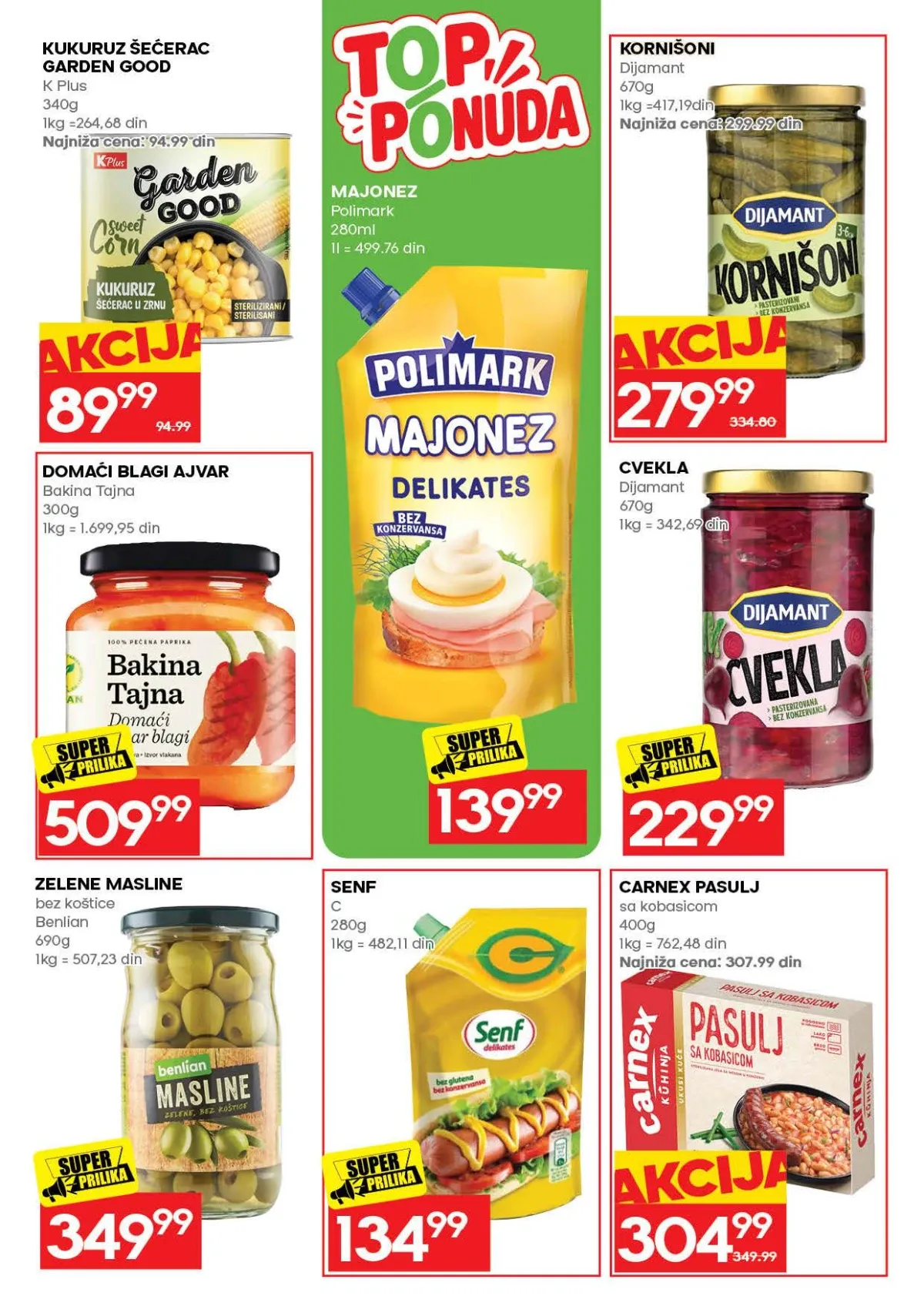 IDEA katalog strana 35 – kukuruz, ajvar, majonez, kornišoni, cvekla, masline, senf i pasulj.