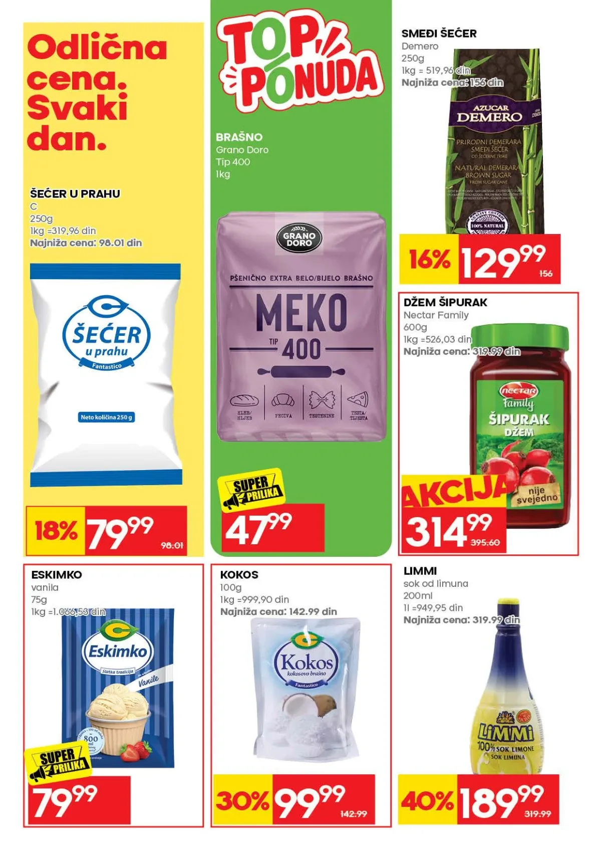 IDEA katalog strana 38 – šećer u prahu, brašno, smeđi šećer, džem, kokos i limunov sok.