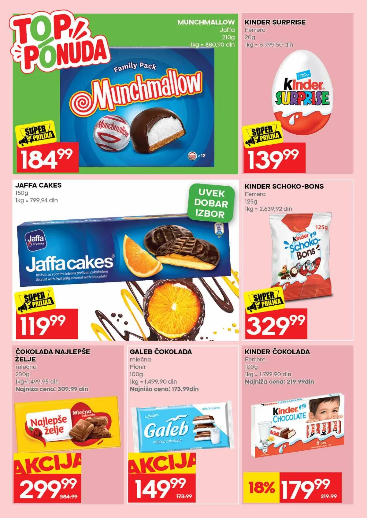 IDEA katalog strana 40 – Munchmallow, Jaffa Cakes, Kinder čokolade i Galeb čokolade.