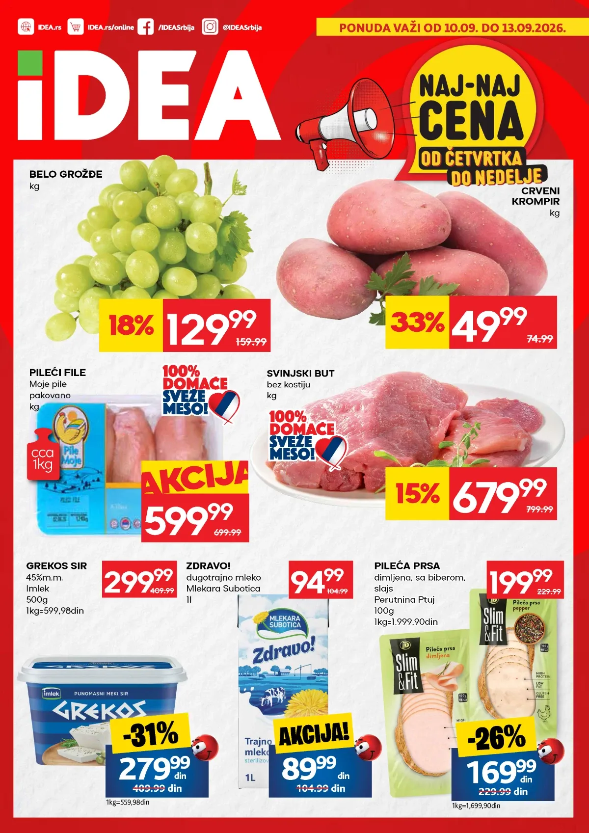 IDEA NAJ-NAJ akcija od 10.09. do 13.09.2026. – meso, voće, mlečni proizvodi i druge namirnice na akciji