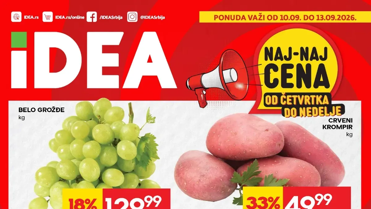 IDEA NAJ-NAJ akcija od 10.09. do 13.09.2026. – hrana, meso, piće i kućne potrepštine sniženi do 44%