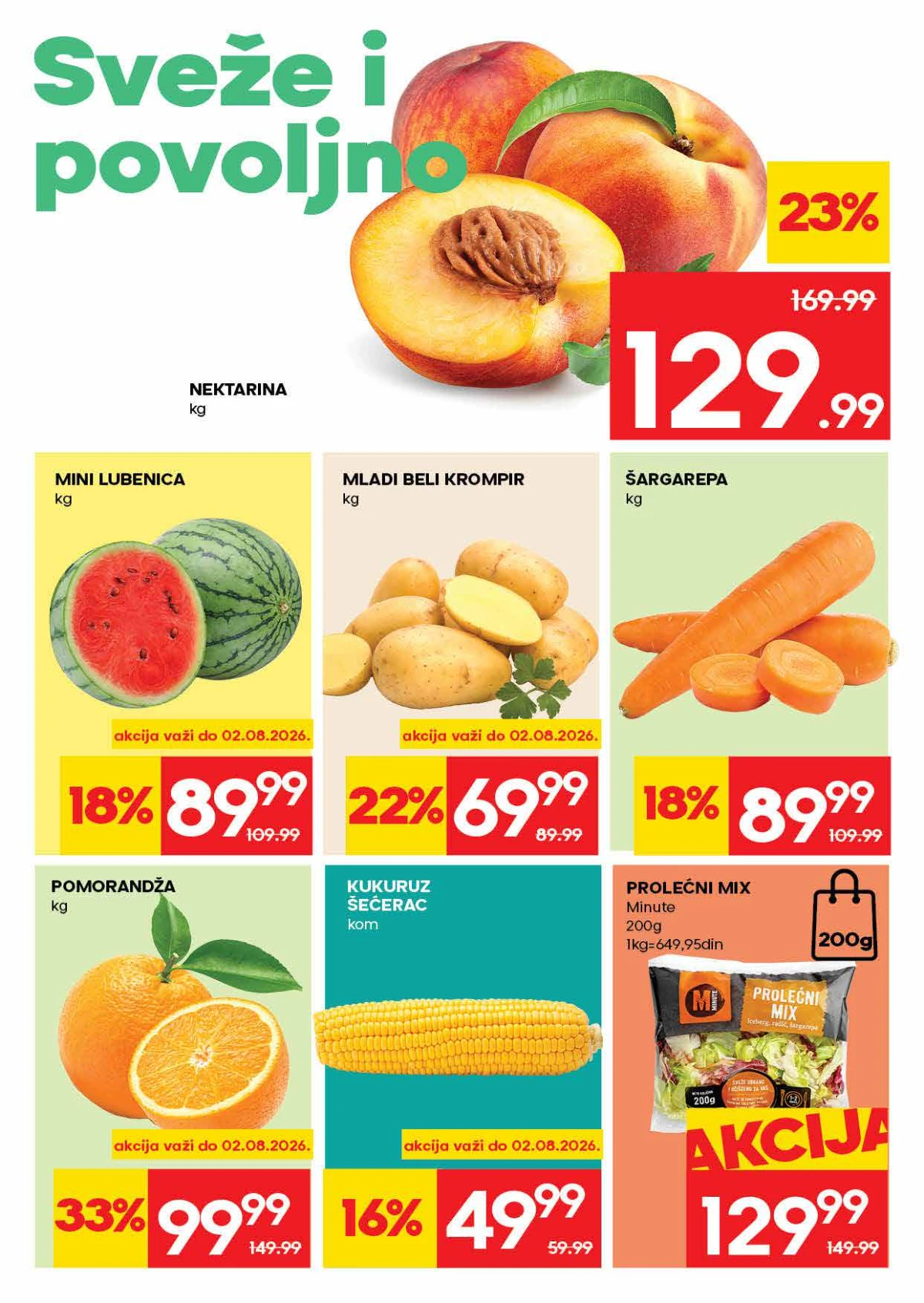 IDEA akcija strana 2 – nektarine, mini lubenica, mladi krompir, šargarepa, pomorandže i kukuruz šećerac na sniženju.