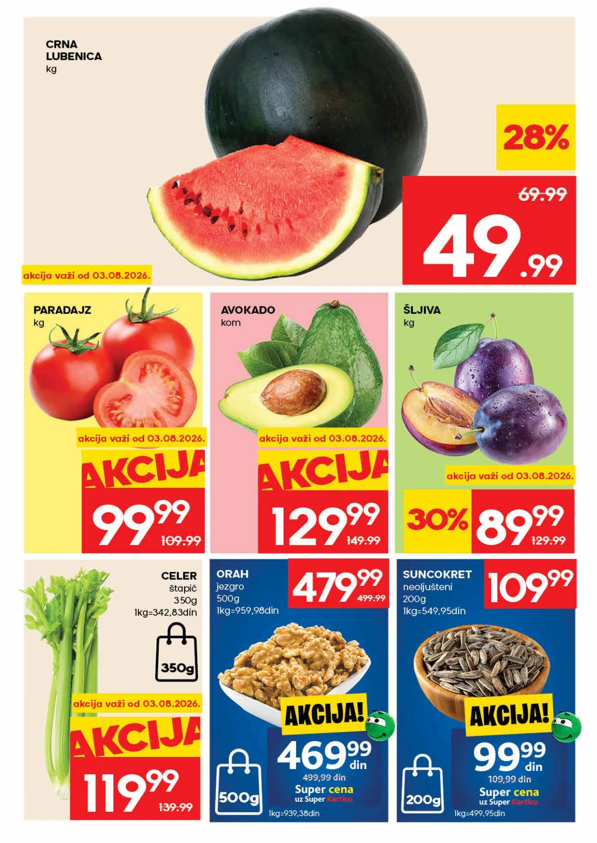 IDEA akcija strana 3 – crna lubenica, paradajz, avokado, šljive, celer, orasi i suncokret.