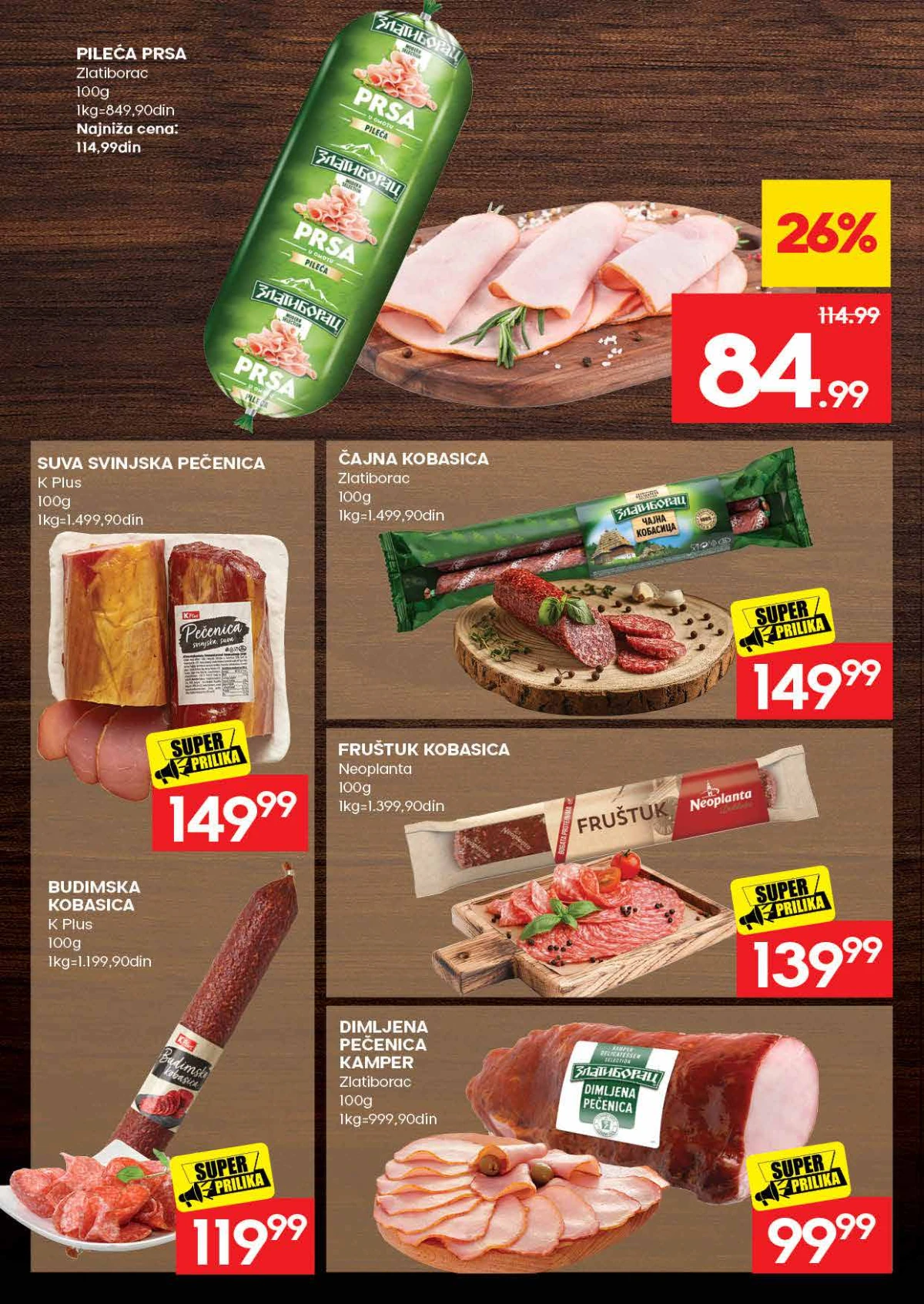 IDEA akcija strana 6 – pileća prsa, pečenica, kobasice i suhomesnati proizvodi na akciji.