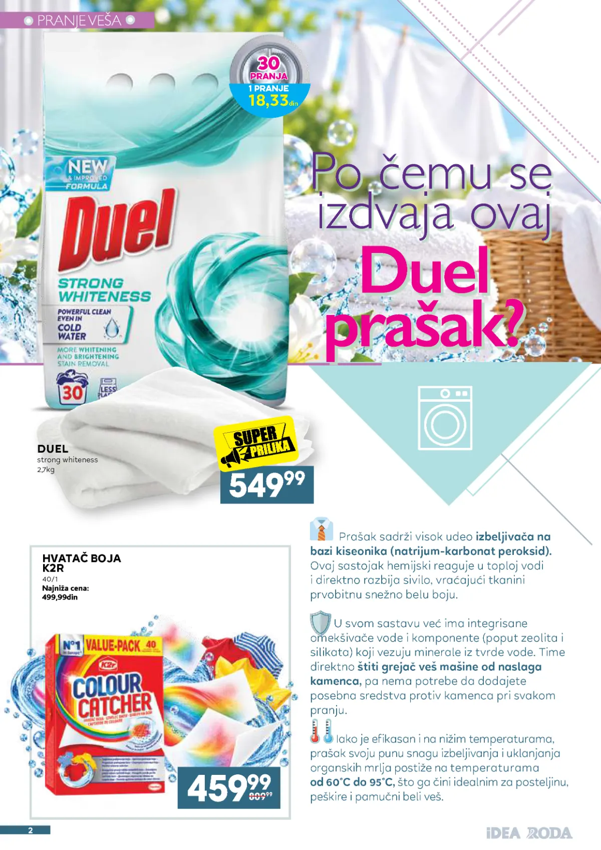IDEA, Roda i Mercator katalog – Duel Strong Whiteness deterdžent 2,7 kg za 549,99 dinara i K2R hvatač boja za 459,99 dinara