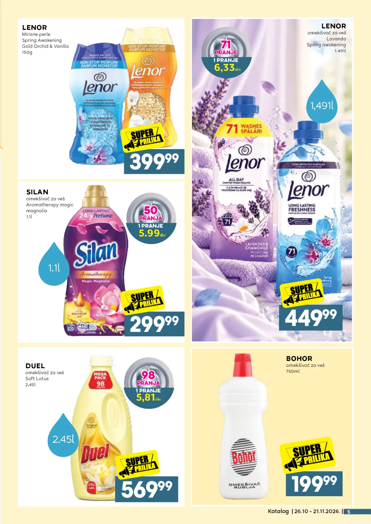 IDEA, Roda i Mercator katalog – Lenor omekšivač 449,99 dinara, Silan 299,99 dinara, Duel 569,99 dinara i Bohor 199,99 dinara