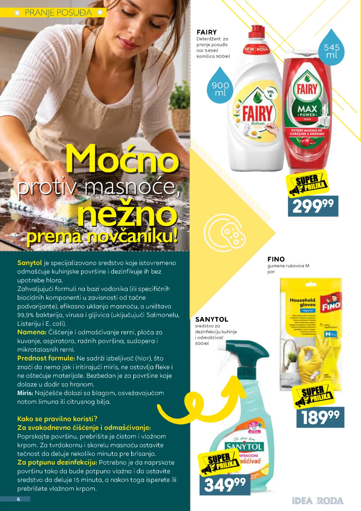 IDEA, Roda i Mercator katalog – Fairy deterdžent za sudove 299,99 dinara, Sanytol odmašćivač 349,99 dinara i Fino rukavice