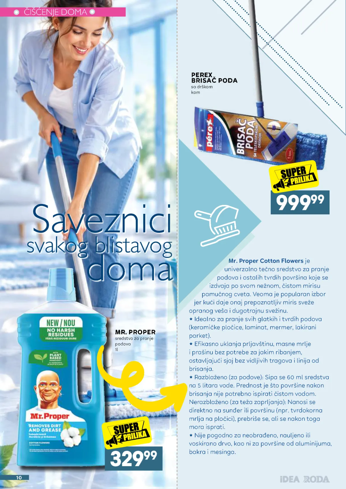 IDEA, Roda i Mercator katalog – Mr. Proper sredstvo za podove 1 l za 329,99 dinara i Perex brisač poda za 999,99 dinara