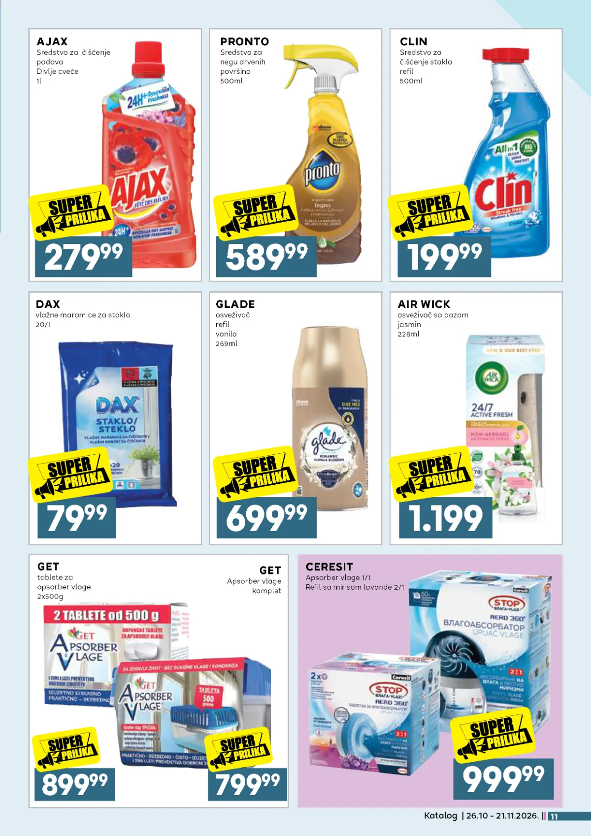 IDEA, Roda i Mercator katalog – Ajax 279,99 dinara, Clin 199,99 dinara, Pronto 589,99 dinara, Glade i Air Wick osveživači