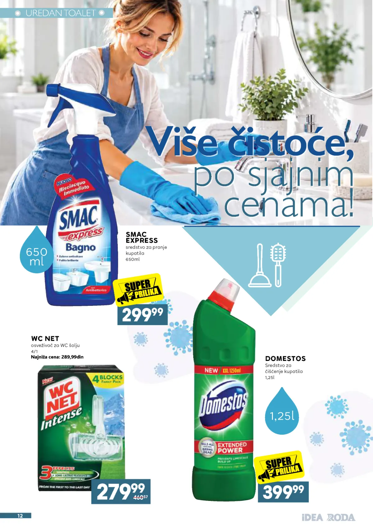 IDEA, Roda i Mercator katalog – Domestos sredstvo za čišćenje 1,25 l za 399,99 dinara, Smac Express i WC Net osveživač