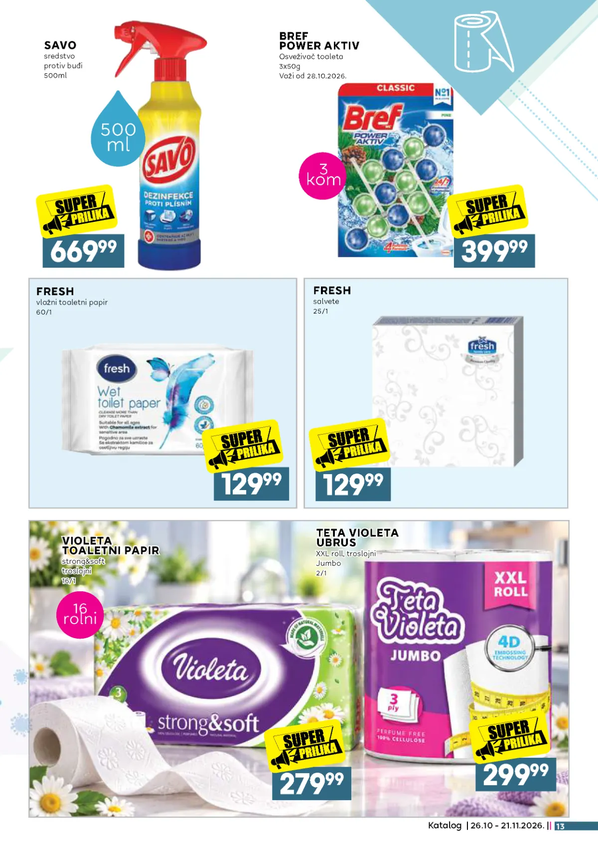 IDEA, Roda i Mercator katalog – Violeta toaletni papir 16 rolni 279,99 dinara, Teta Violeta ubrusi 299,99 dinara, Bref i Savo