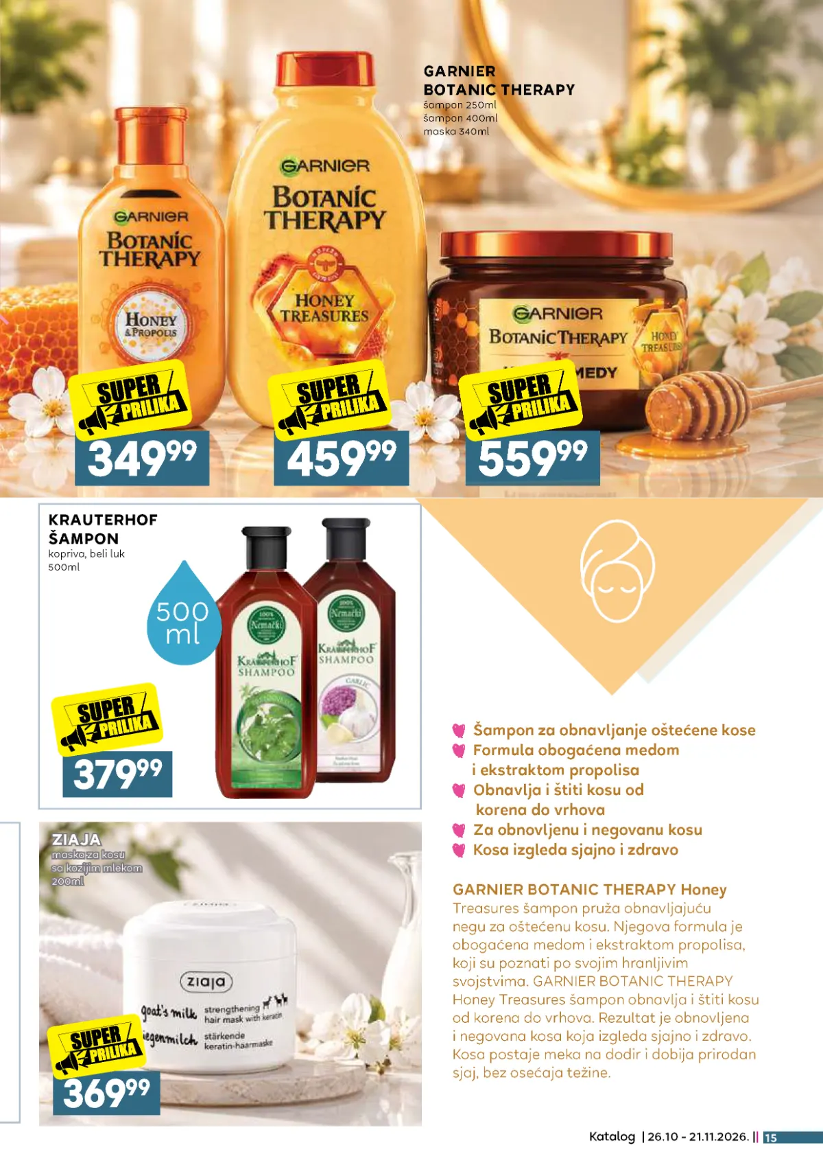 IDEA, Roda i Mercator katalog – Garnier Botanic Therapy šampon od 349,99 dinara, maska 559,99 dinara i Ziaja maska za kosu