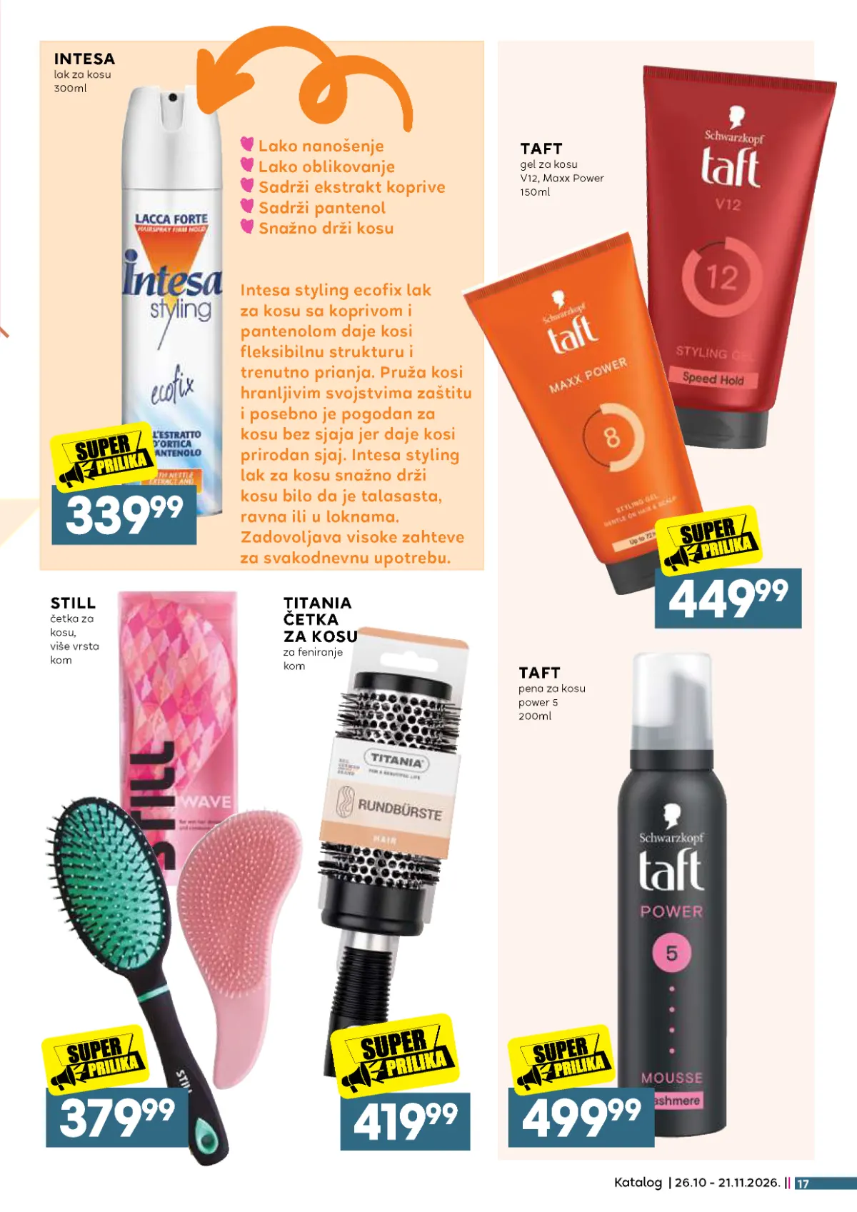 IDEA, Roda i Mercator katalog – Intesa lak 339,99 dinara, Taft gel 449,99 dinara, Taft pena 499,99 dinara i četke za kosu
